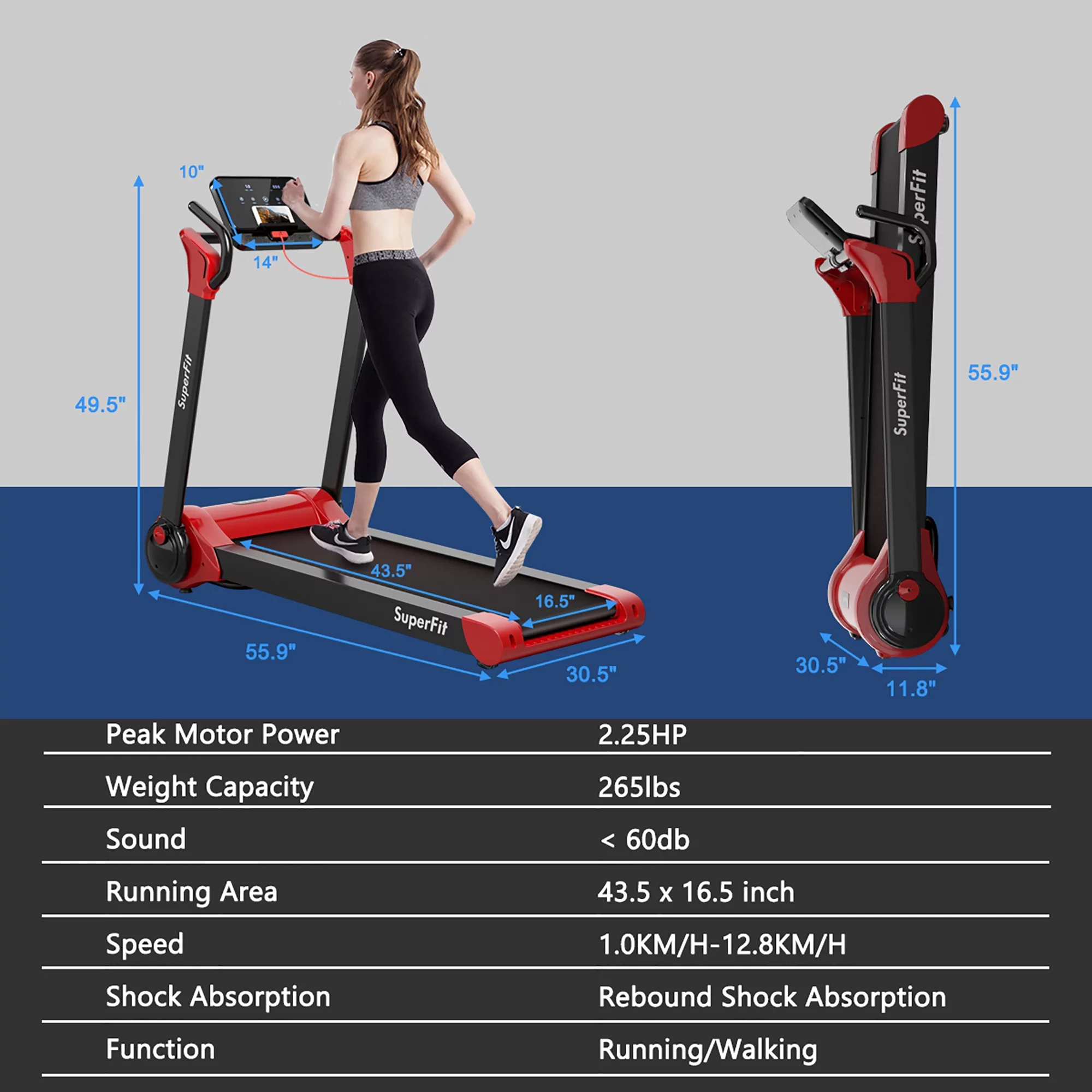 Superfit 2.25HP Folding Electric Motorized Treadmill With Speaker Red - Womvr