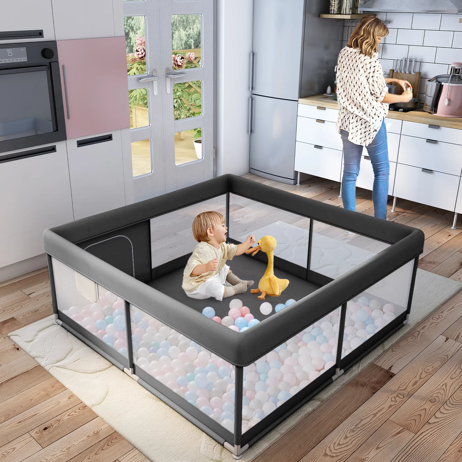 Pkinoicy 47x47inch Play Pen with Mat for Babies and Toddlers, Playpen with Mat, Baby Playpen with Mat, mall Baby Playpen with Mat - Womvr