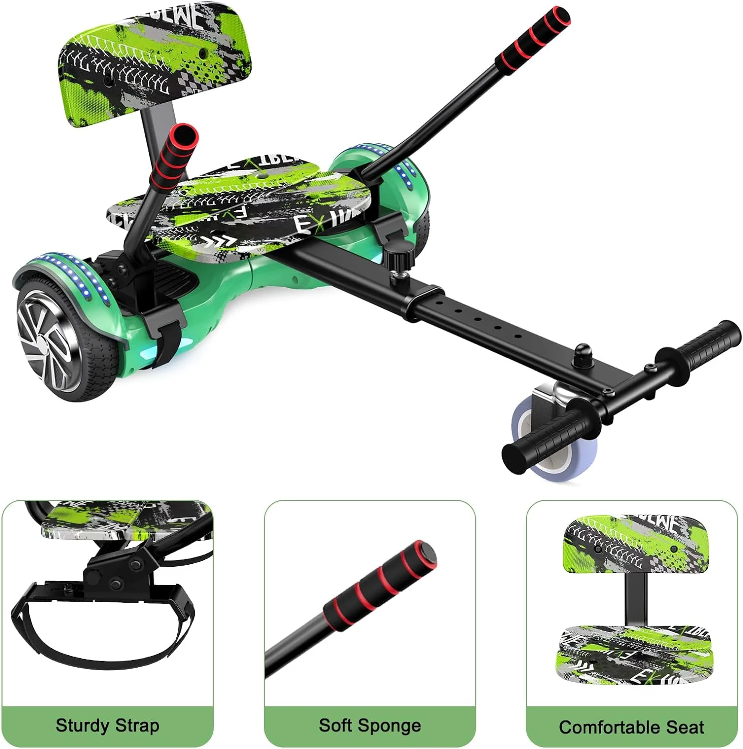 SISIGAD Hoverboard with Seat, 6.5 inch Hoverboard Go Kart Combo with Bluetooth Speaker & LED Lights for Kids Adults - Womvr