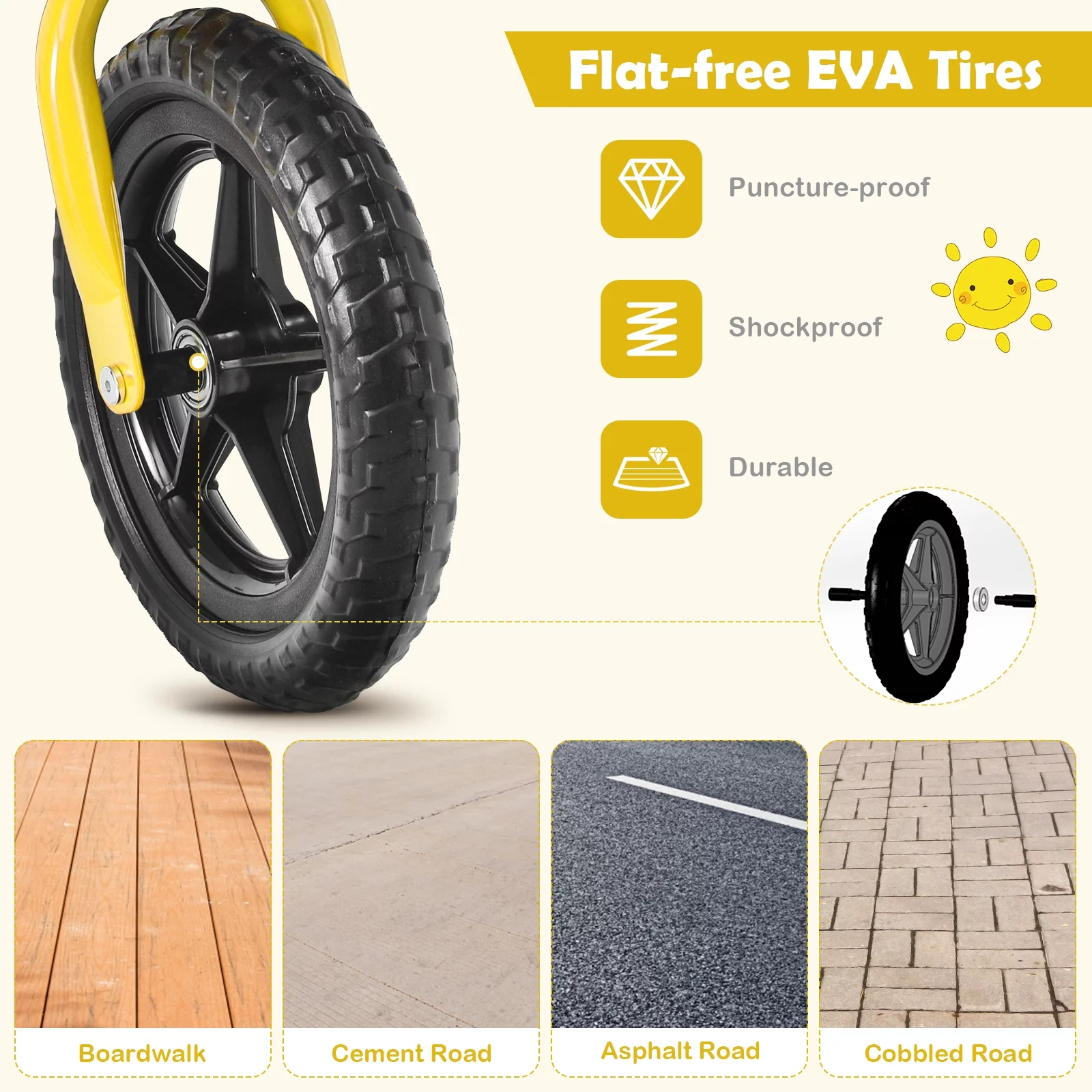 Infans Kids Balance Bike No Pedal Training Bicycle w/Adjustable Handlebar & Seat Yellow - Womvr