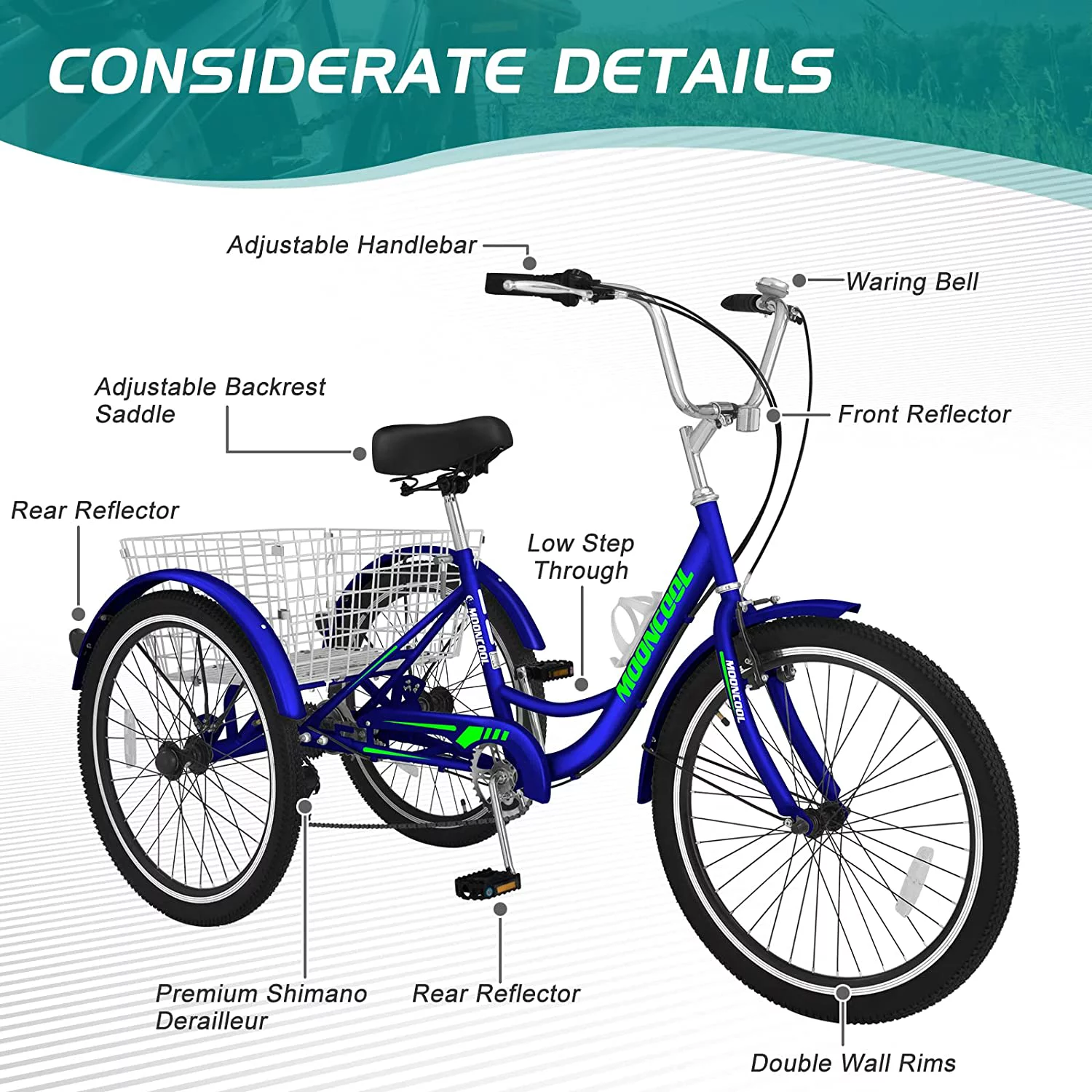 Docred Adult Tricycle 7 Speed 24 Inch Three Wheel Bike Cruiser Trike for Men/Women/Seniors - Womvr