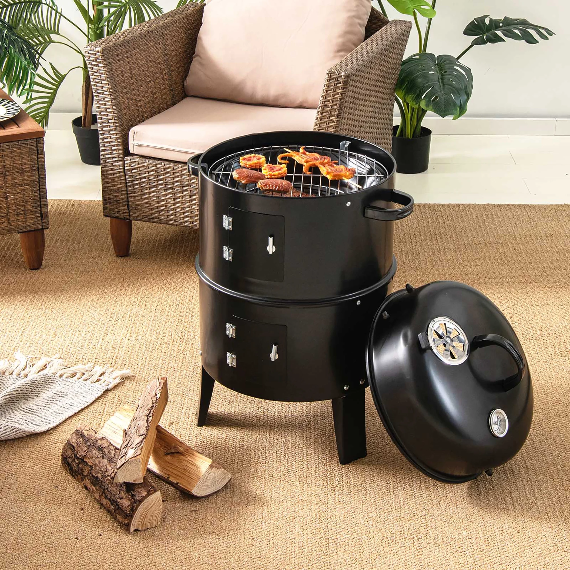 Costway3-in-1 Vertical Charcoal Smoker  Portable BBQ Smoker Grill with Detachable 2 Layer - Womvr