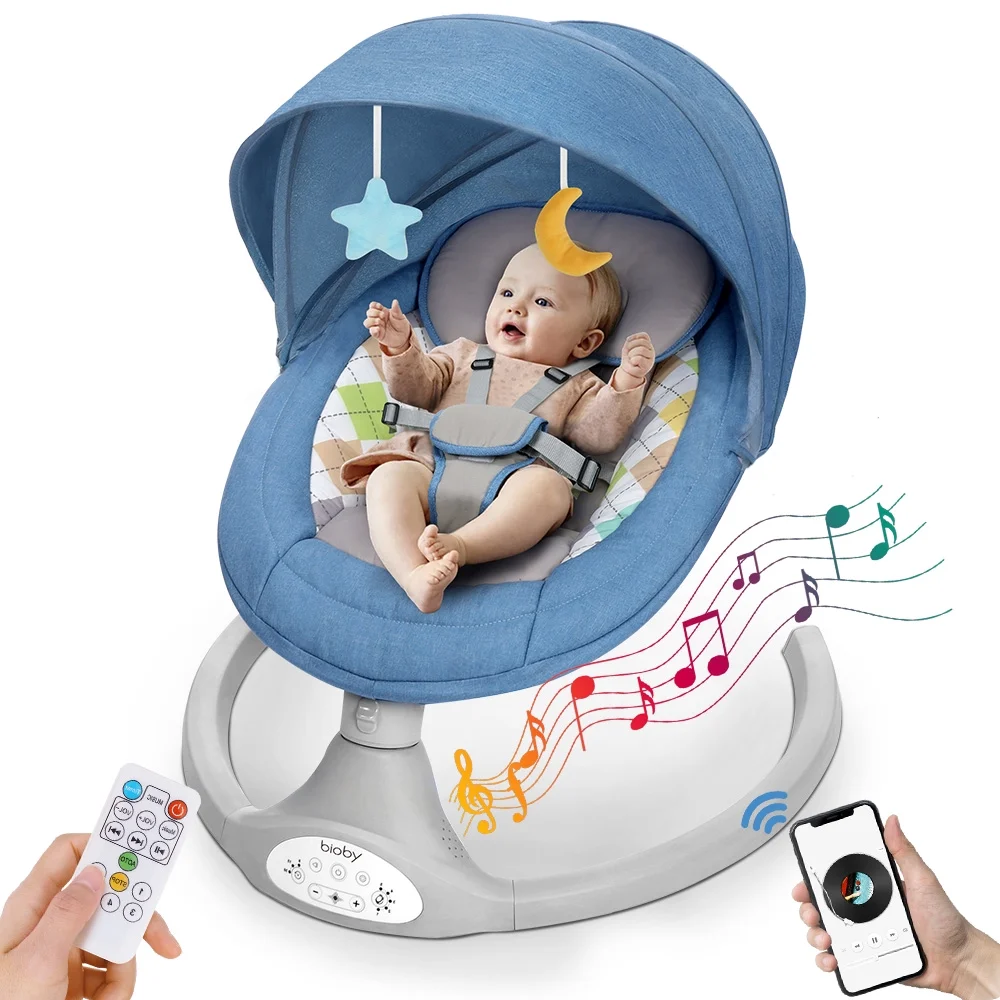 Electric Baby Swing, Bioby Infant Swing Chair Rocker with Remote Control, 5 Swing Speeds, Seat Belt, Bluetooth Music, Grey - Womvr