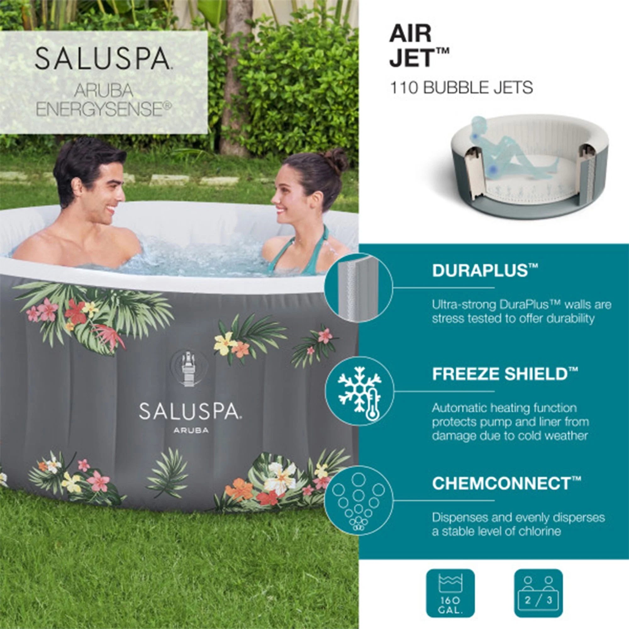 Bestway SaluSpa Aruba AirJet Inflatable Hot Tub w/ EnergySense Cover, Grey - Womvr