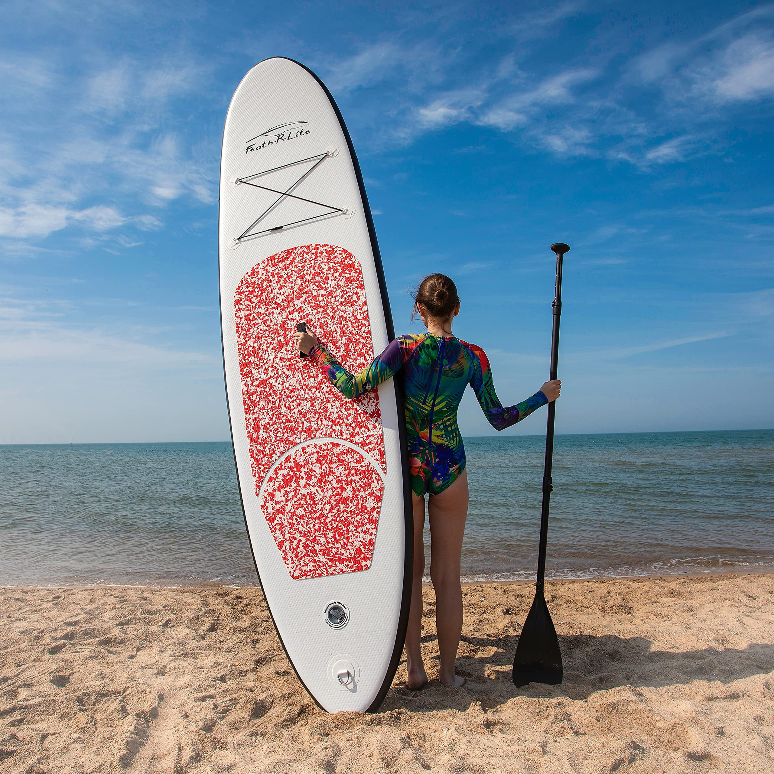 Feath-R-lite Inflatable Stand Up Paddle Board, SUP Red Camo Pattern Paddle Board 10'x30''x6'' (LxWxH),Adjustable Aluminum Paddle and Grey Back Hand Pump,Fins, Unisex - Womvr