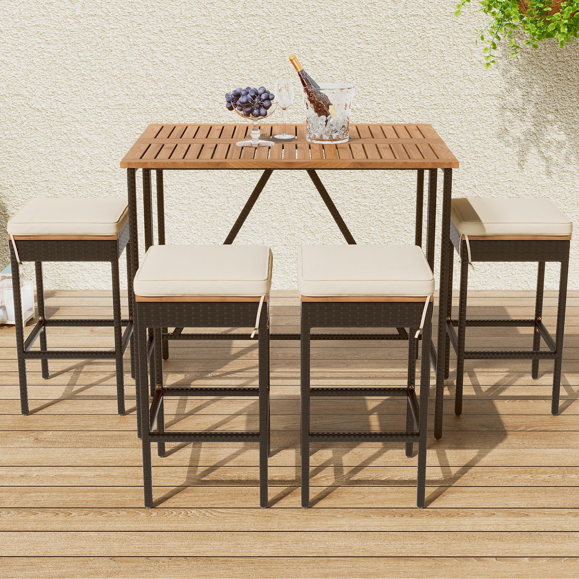 SESSLIFE 5 Piece Outdoor Rattan Dining Set with Storage Shelf, Patio Bar Table and 4 Stools Set, Modern Gray Wicker Outdoor Furniture Sets - Womvr