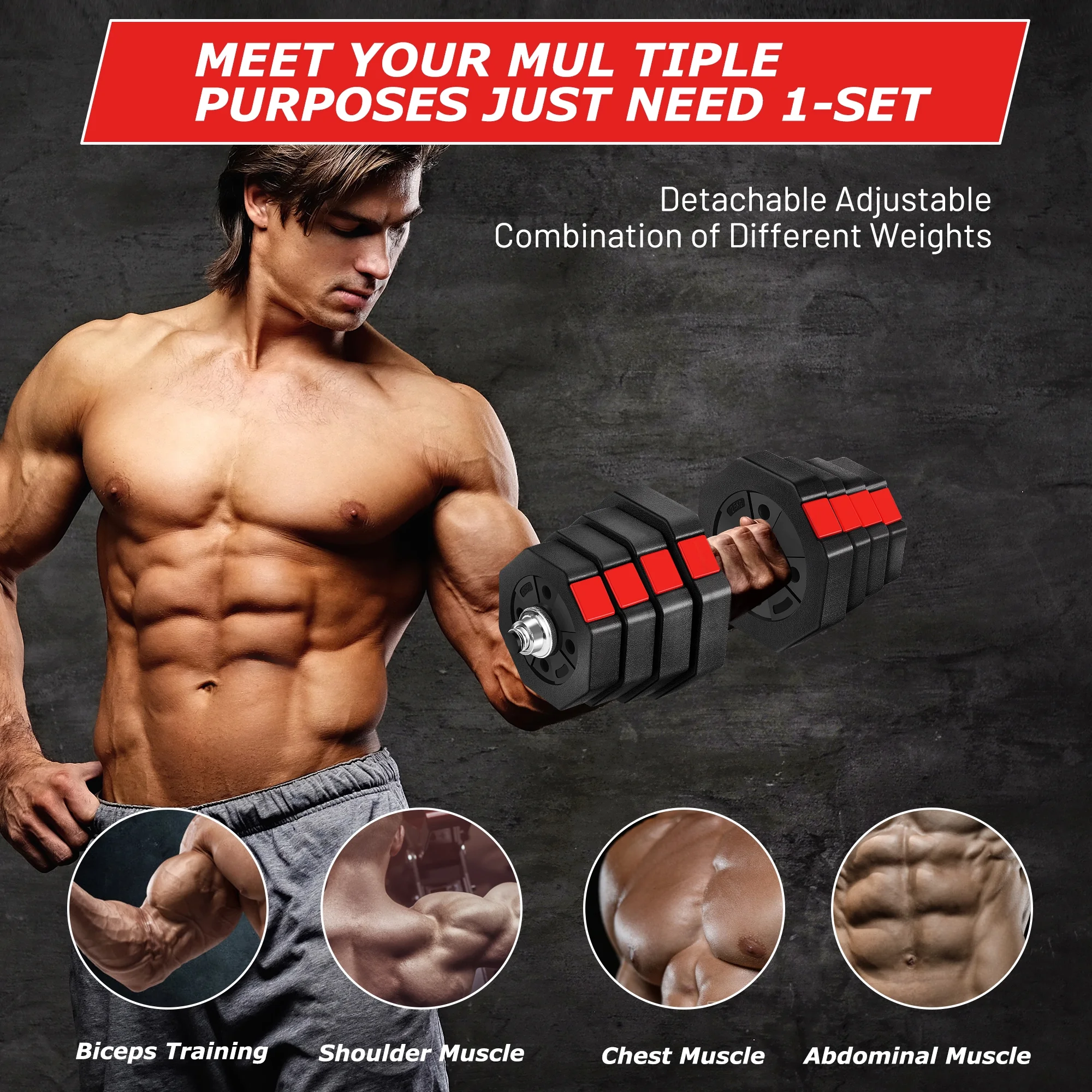 ARVAKOR 66Lbs Adjustable Dumbbells Set, 3 in 1 Free Weight Set as Barbell, Push up Stand, Fitness Exercises for Men/Women, Red - Womvr