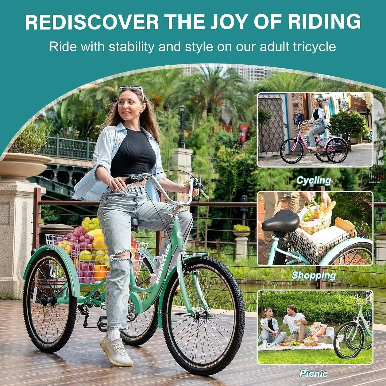 MOPHOTO 7 Speed Adult Tricycle 26 in/24in/20in, Trikes for Adults, Adult Tricycle with Basket & Dual Braking System, Adult Trikes for Women, Men, 3 Wheeled Bicycle for Shopping, Picnics Exercise - Womvr