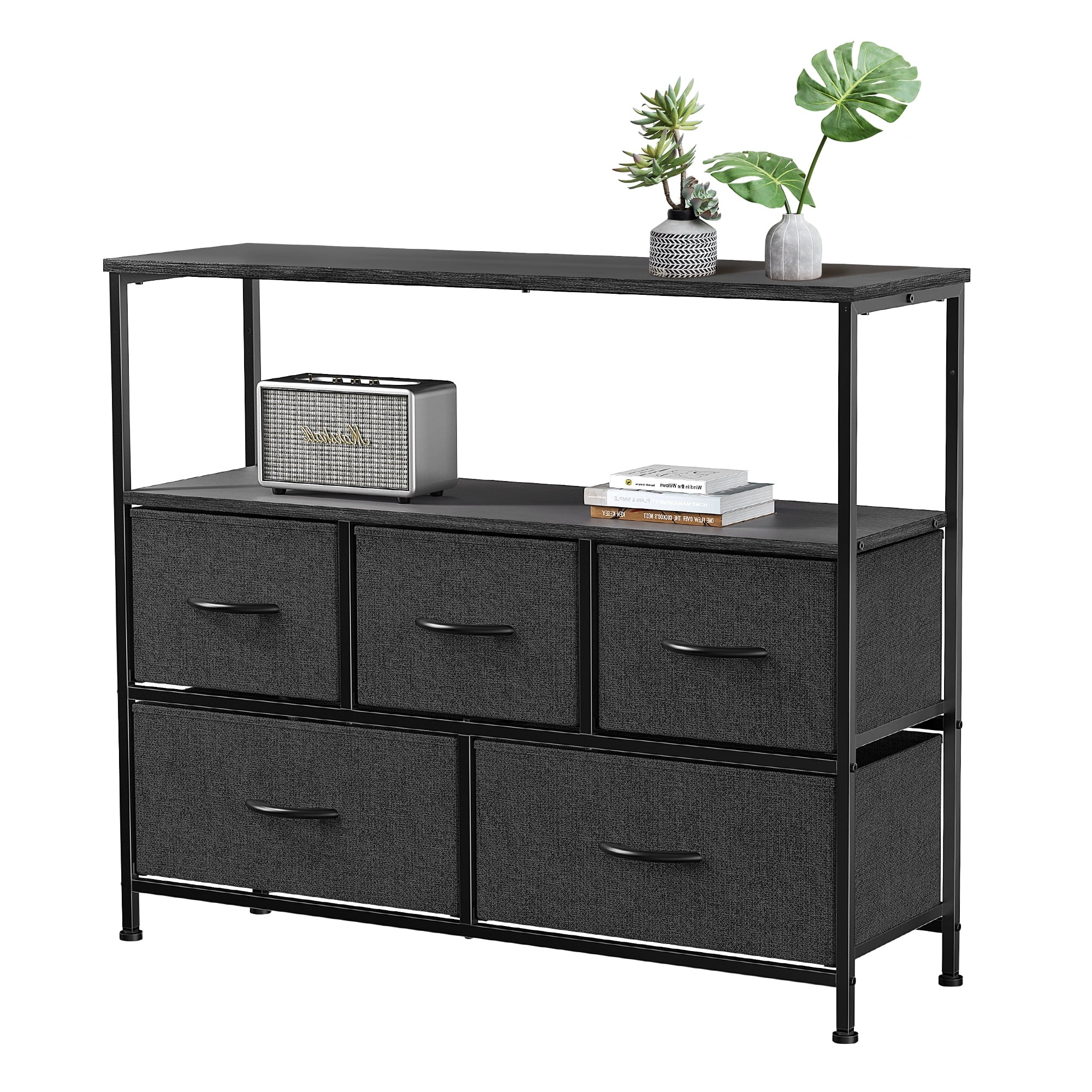 EDX 5 Drawer Dresser, Wide Chest Of Drawers Nightstand Storage Tower Storage Dresser Fabric Dresser With Wood Top for Living Room, Bedroom, Hallway, Nursery, Rustic Brown - Womvr