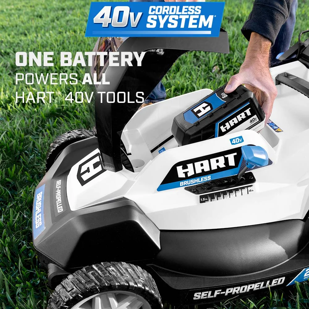 HART 40-Volt 20-inch Self-Propelled Battery-Powered Brushless Mower Kit, (1) 6.0Ah Lithium-Ion Battery - Womvr