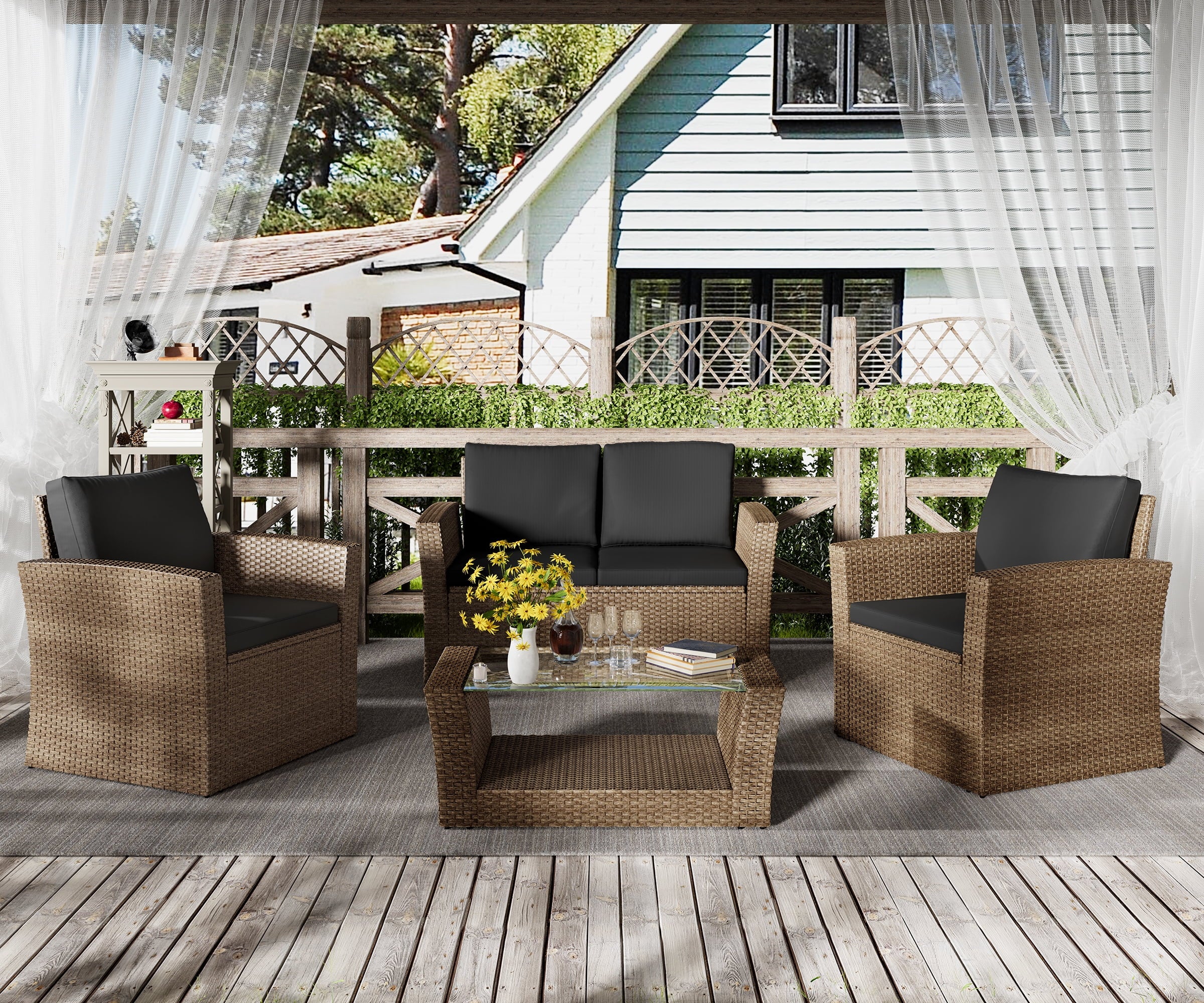 Bifanuo 4-Piece Patio Furniture Set Outdoor Rattan Wicker Sofa Set with Cushions & Coffee Table, Conversation Sofa Set with Tempered Glass Table Top - Womvr