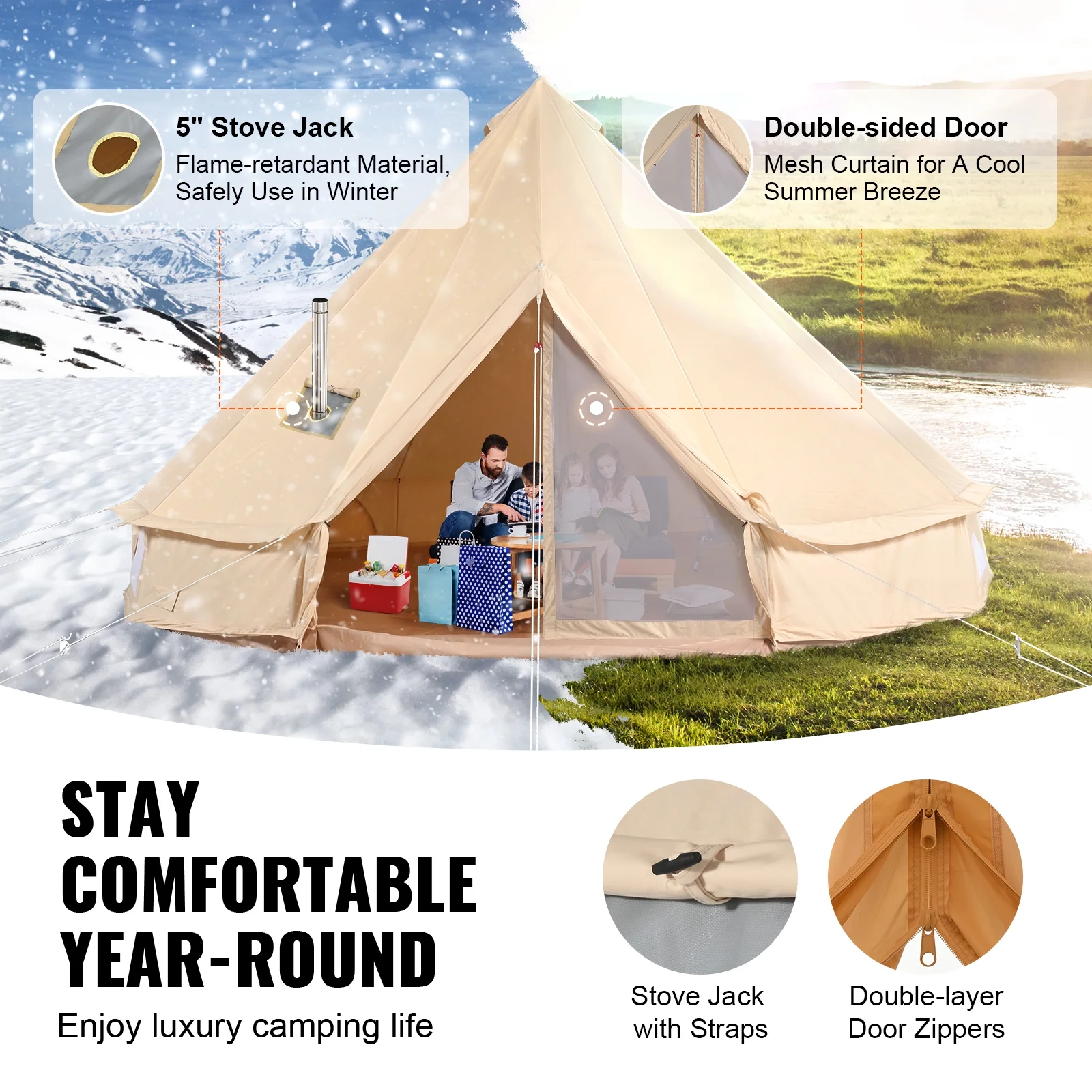 SKYSHALO Canvas Bell Tent 3m/9.8ft 4-Season Canvas Tent for Camping with Stove Jack - Womvr