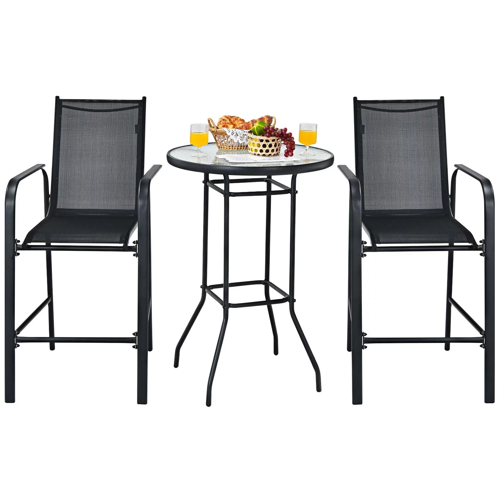 Giantex 3 Pieces Outdoor Patio Bar Set, Outdoor Bistro Set with 2 Bar Stools and 1 Tempered Glass Bar Table, Bar Height Patio Table and Stools Set for Backyard, Garden, Lawn (Black) - Womvr