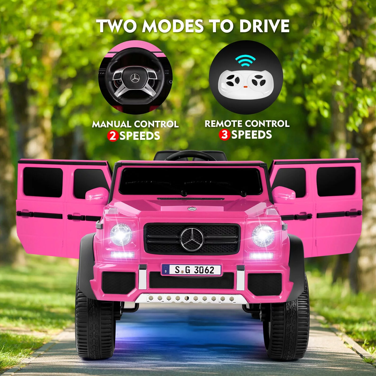 JOYLDIAS 12V Mercedes-Benz G650S Kids Ride On Car Electric Toy w/Remote Control, 3 Speeds, LED Lights, Bluetooth, Music(Pink) - Womvr