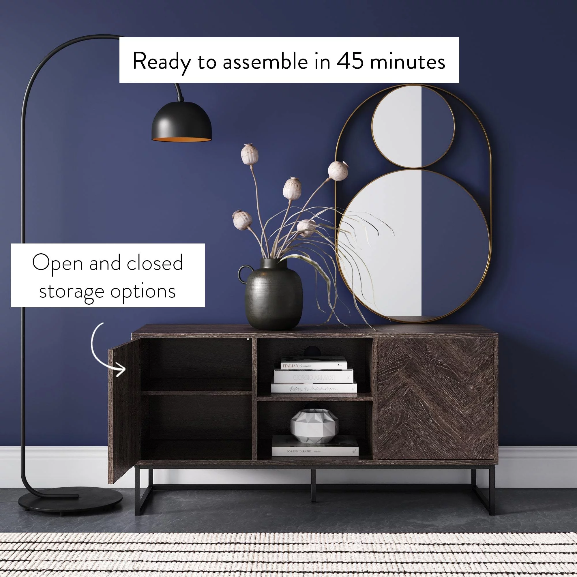 Nathan James Dylan Media Console Cabinet TV Stand with Hidden Storage Herringbone Pattern Wood Metal, Gray/Black - Womvr