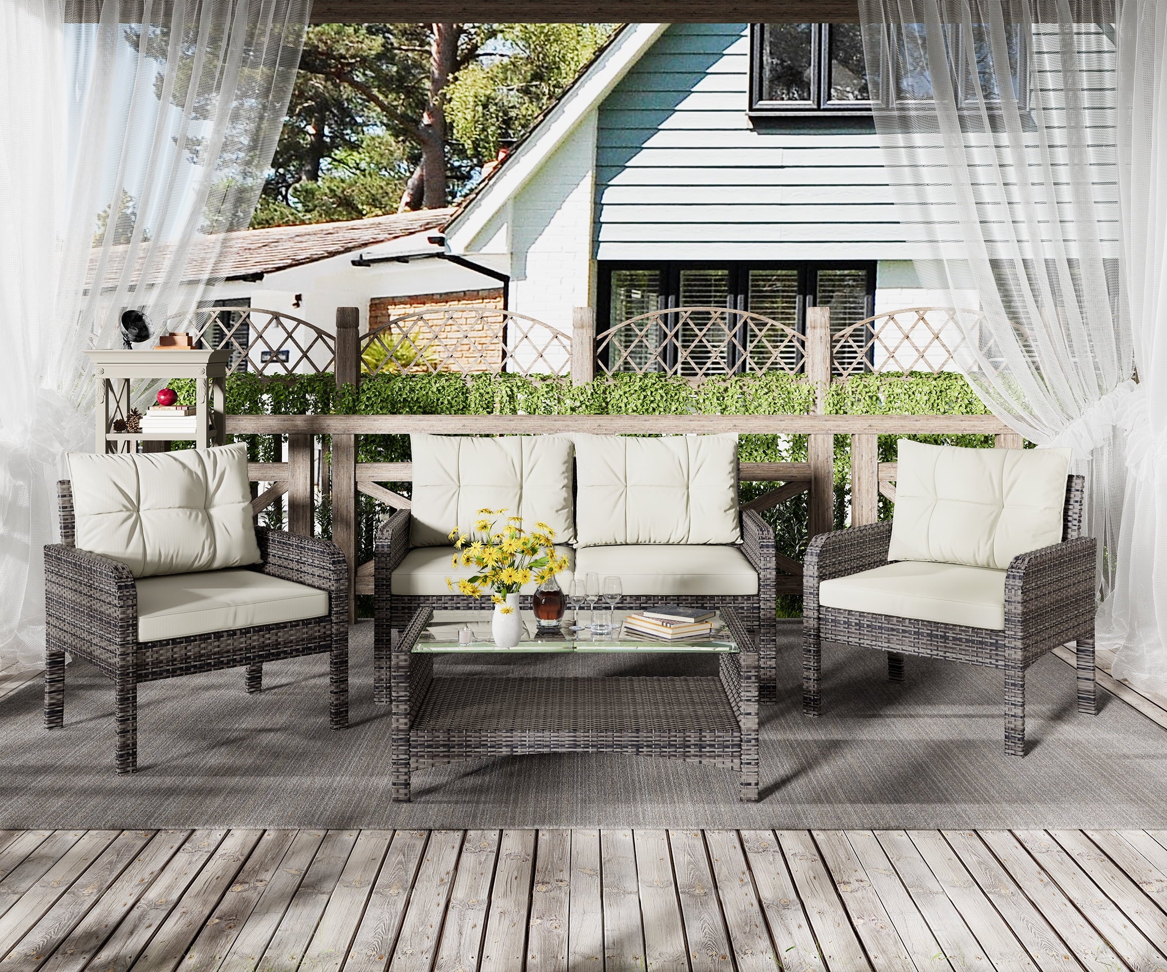 Bifanuo 4-Piece Patio Furniture Set Outdoor Rattan Wicker Sofa Set with Cushions & Coffee Table, Conversation Sofa Set with Tempered Glass Table Top - Womvr