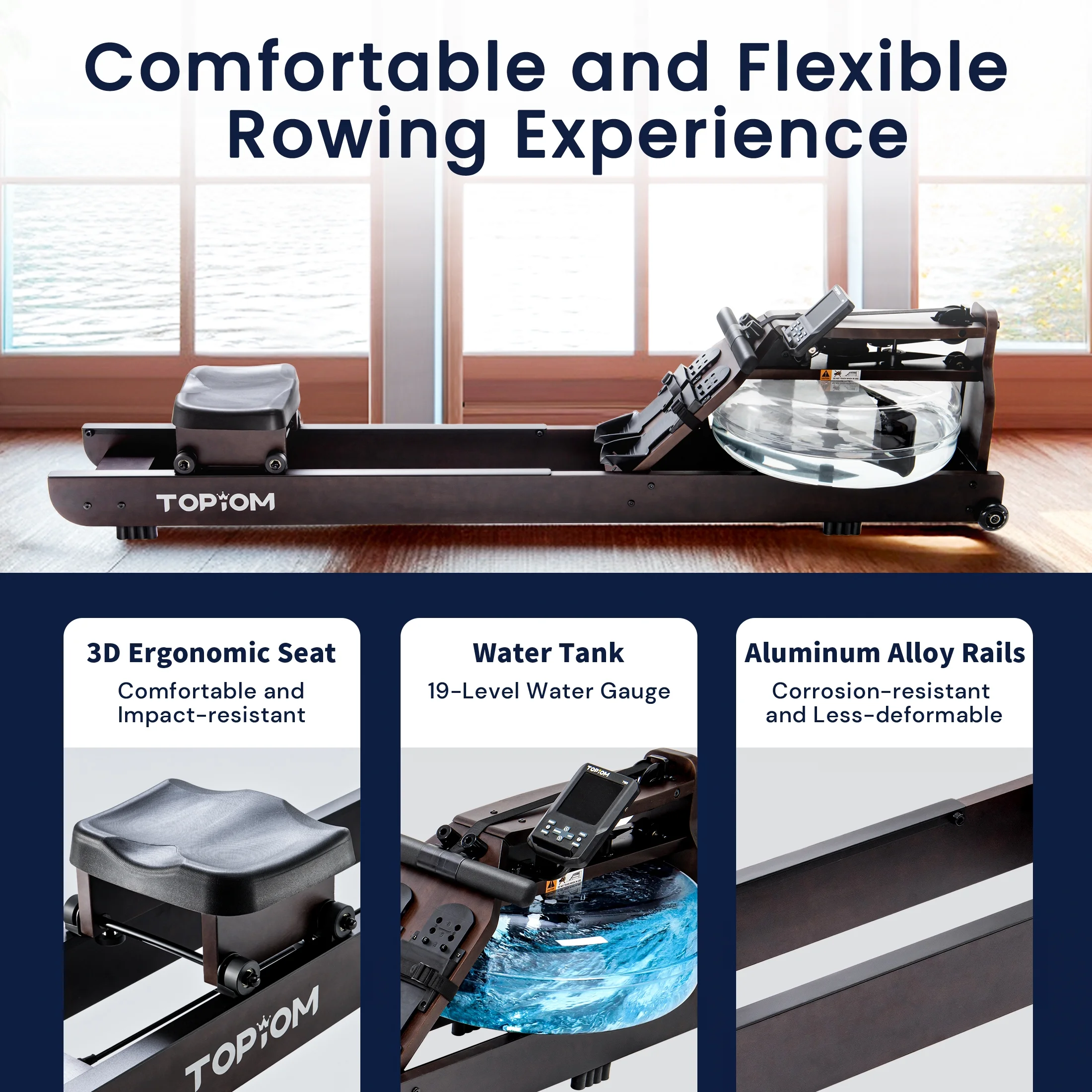 Topiom Water Rowing Machine with TM-3 Performance Monitor Bluetooth Connected 400 lbs Max Load - Womvr