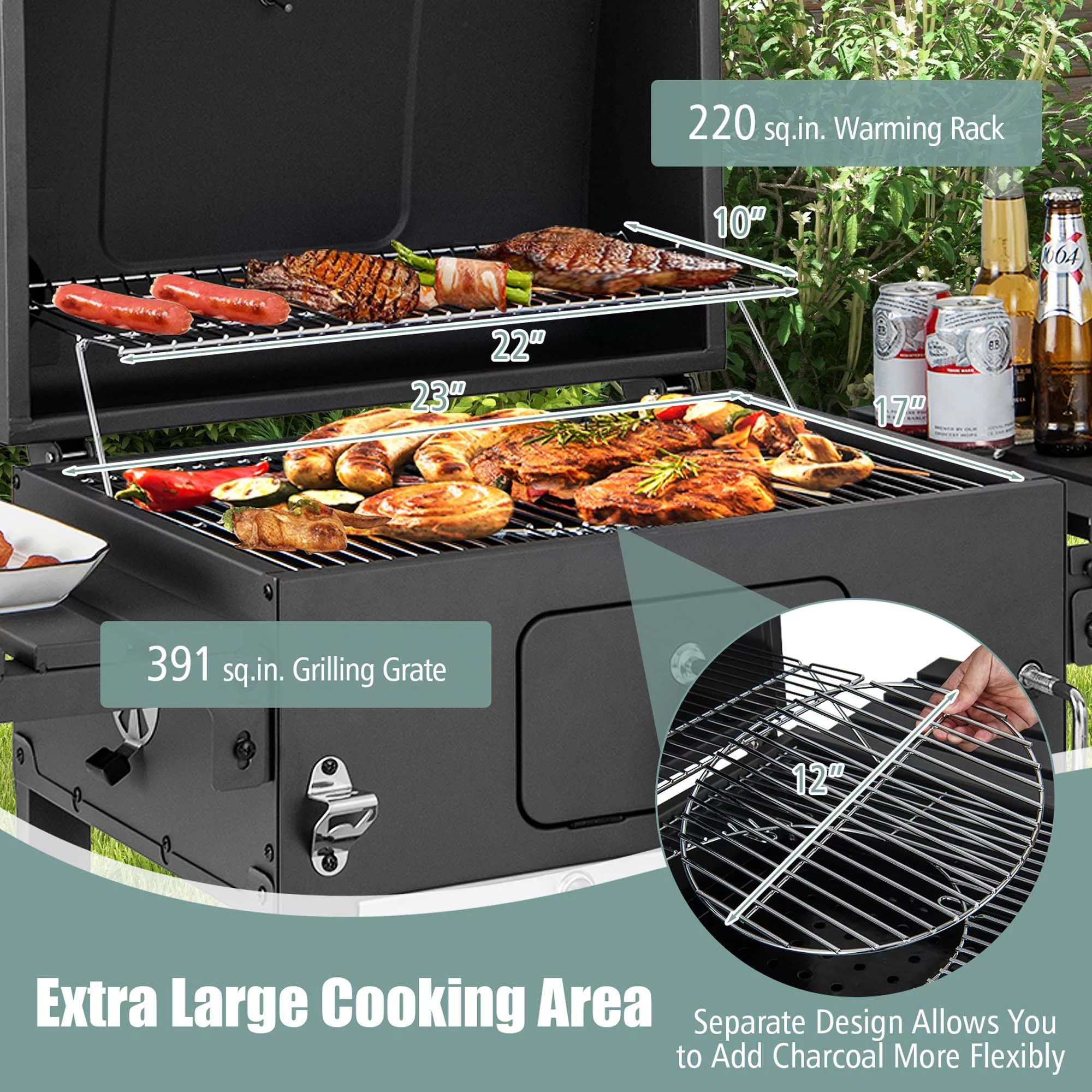 Costway Outdoor Charcoal Grill 391 sq.in. Cooking Area 2 Foldable Side Table BBQ Camping - Womvr