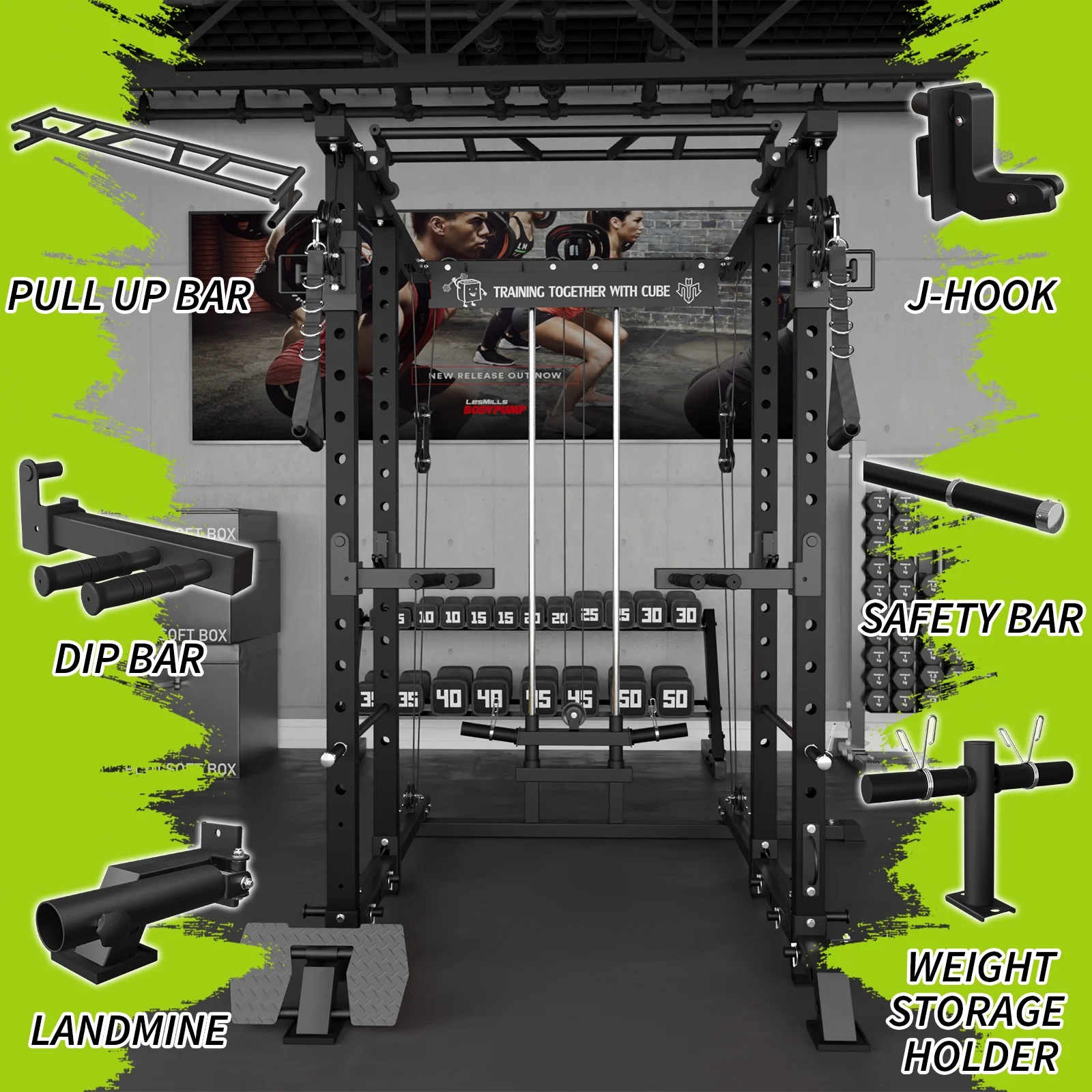 Mikolo Power Rack Cage, 1500 lbs Weight Rack with Cable Crossover Machine,Multi-Function Squat Rack with J Hooks,Dip Bars and Landmine for Home Gym (Black), Plate Loaded Machine - Womvr