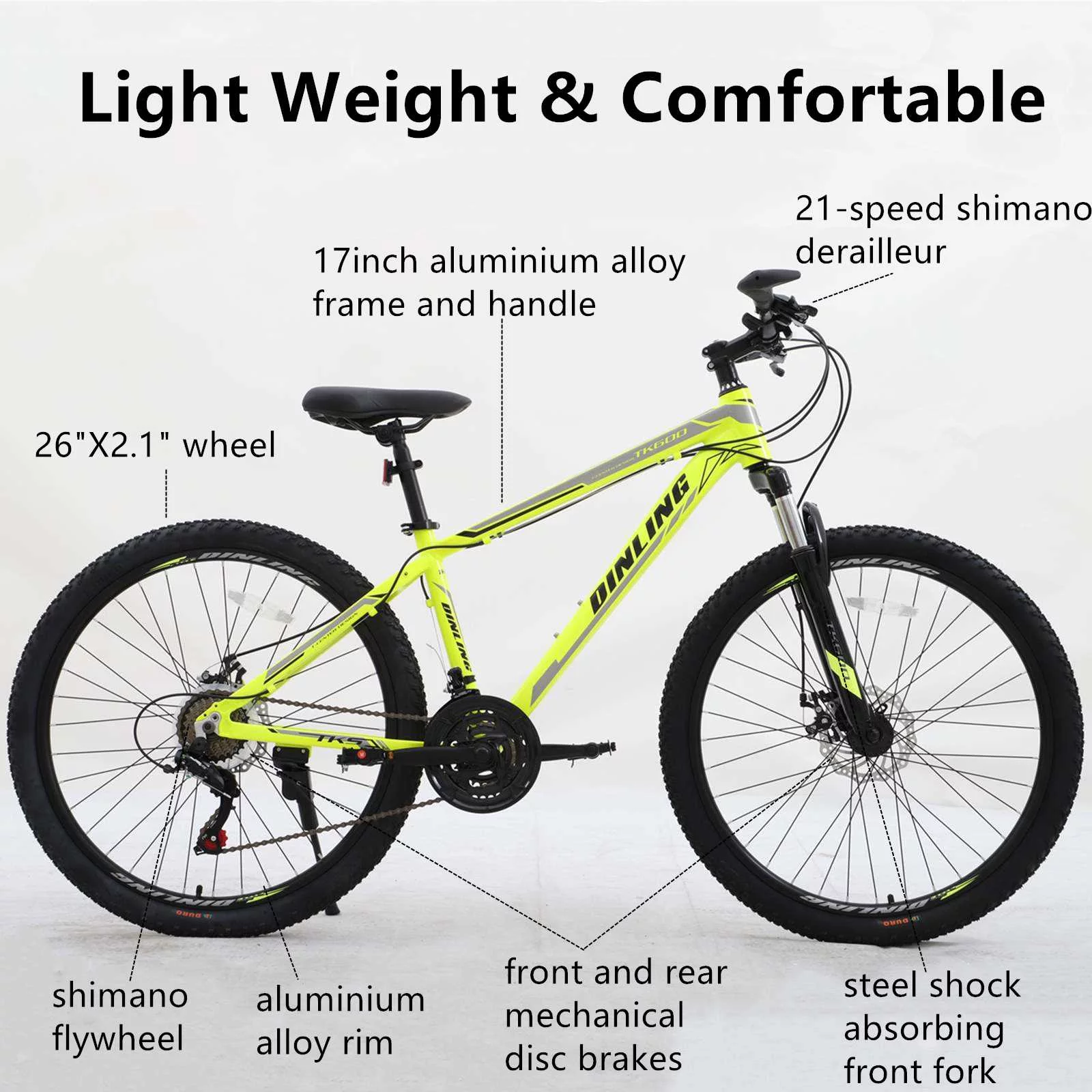 Dinling Mountain Bike, 21-Speed, 26-inch Bicycles, MTB Mens and Womens Yellow - Womvr