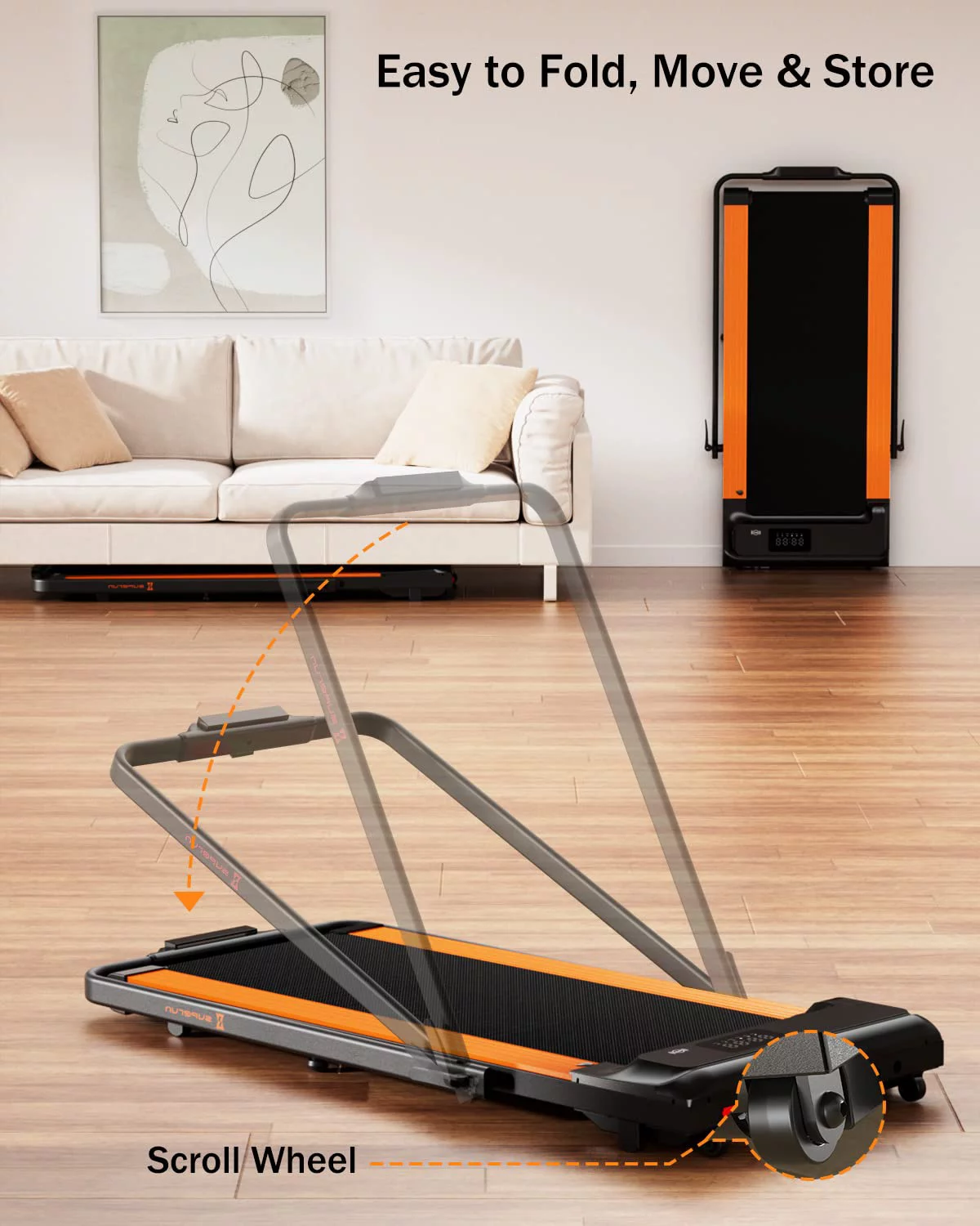 Superun 2 in 1 Folding Treadmill 3 HP Indoor Walking pad with 300lbs Capacity & APP Bracelet & Wider Running Belt(Orange) - Womvr