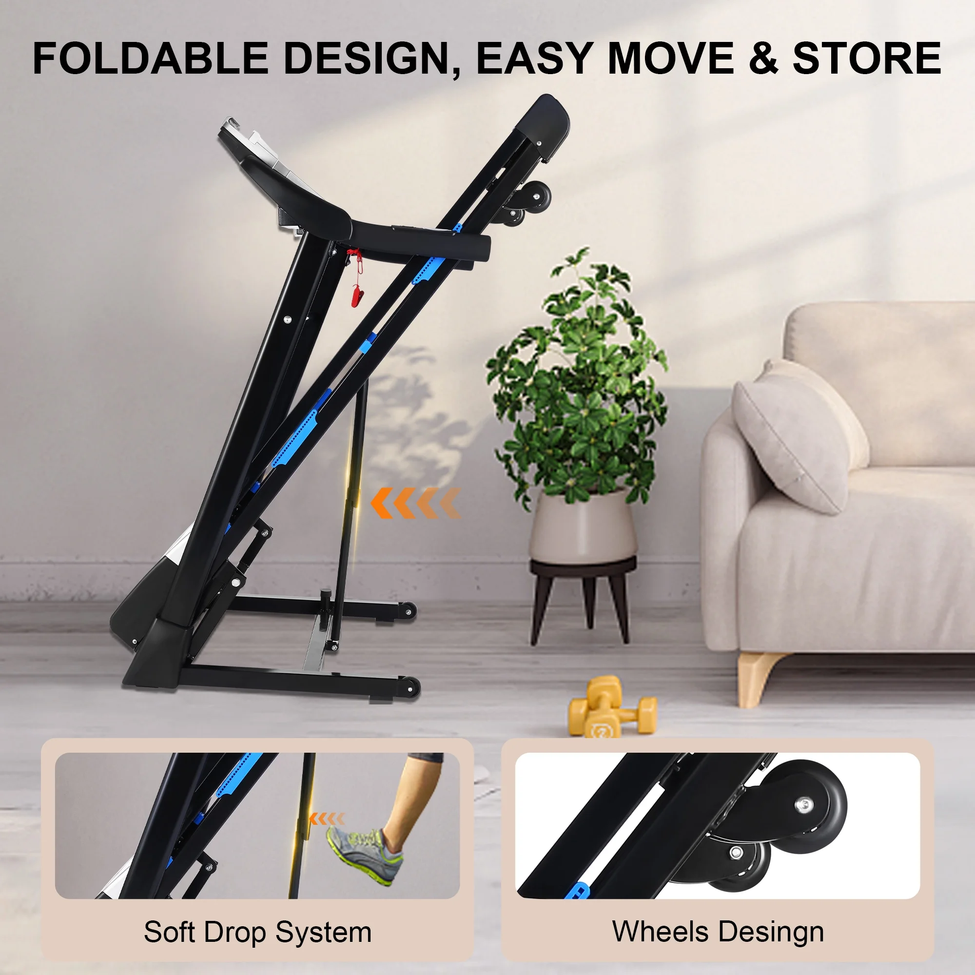 Tikmboex 17'' Folding Treadmill with 15-Level Auto Incline 9.0 mph Speed 12 Preset Program, Strong 3.25HP Motor Running Machine for Cardio Fitness , Black 300lbs - Womvr