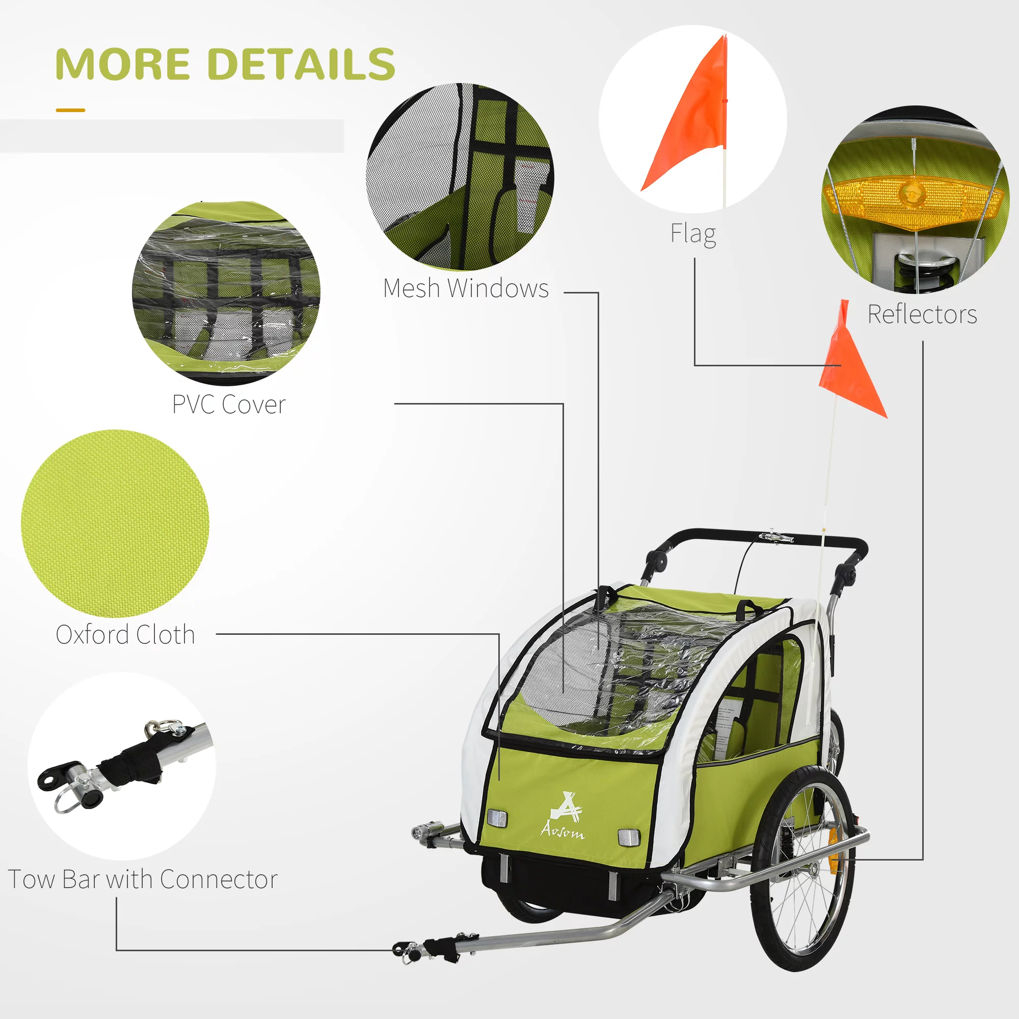 Aosom 2-in-1 Double Child Two-Wheel Bicycle Cargo Trailer with 2 Safety Harnesses, Green - Womvr