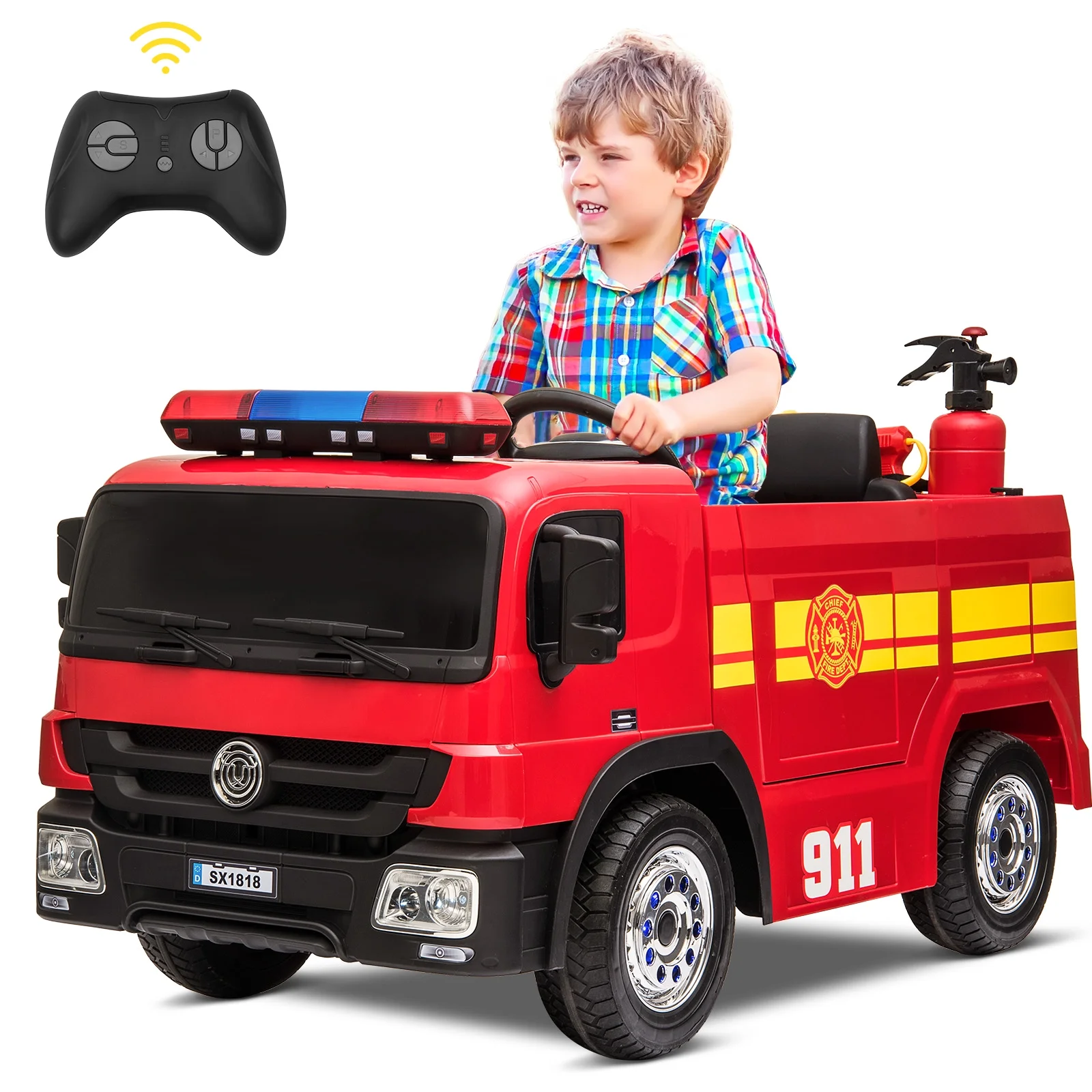 Pirecart 12V Kids Ride on Car Electric Powered Fire Truck Toy with Remote Control, LED Lights - Womvr