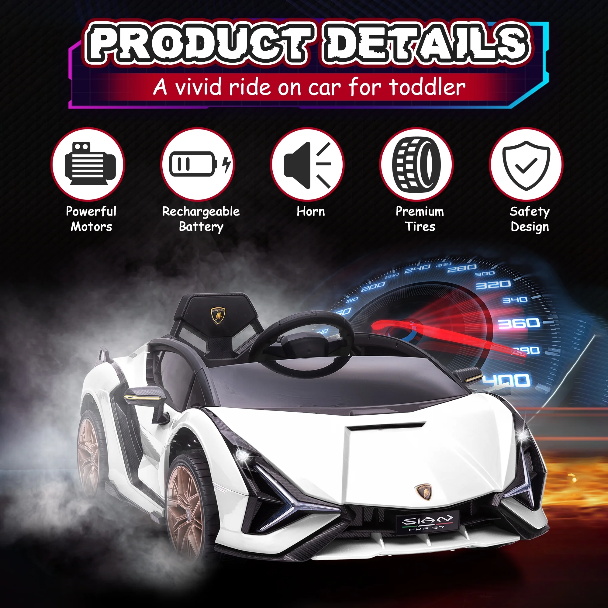 TOBBI 24V Lamborghini STO Licensed Kids Ride on Drift Car Gray Electric Car W/Remote Control LED Lights, up to 10 mph - Womvr
