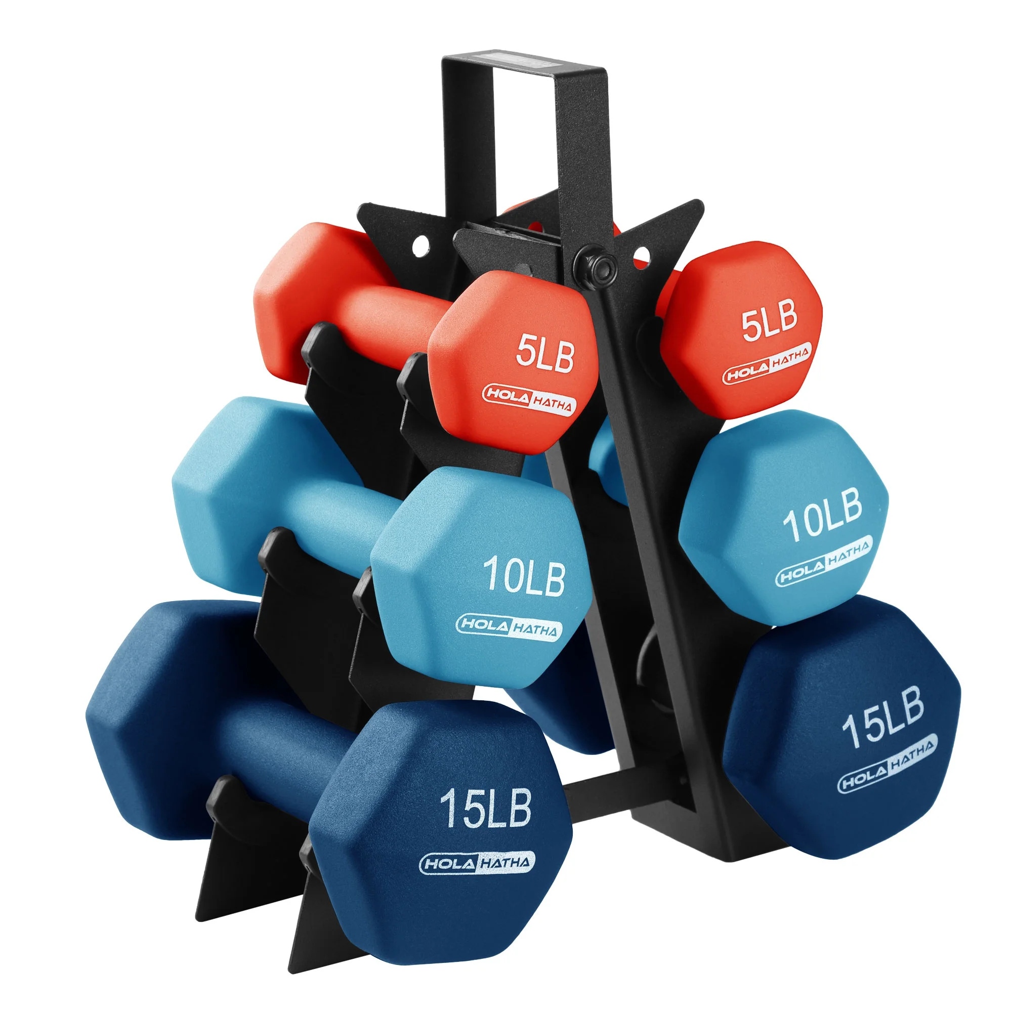 HolaHatha 3, 5, and 8 Pound Dumbbell Hand Weight Set with Storage Rack, Multi - Womvr