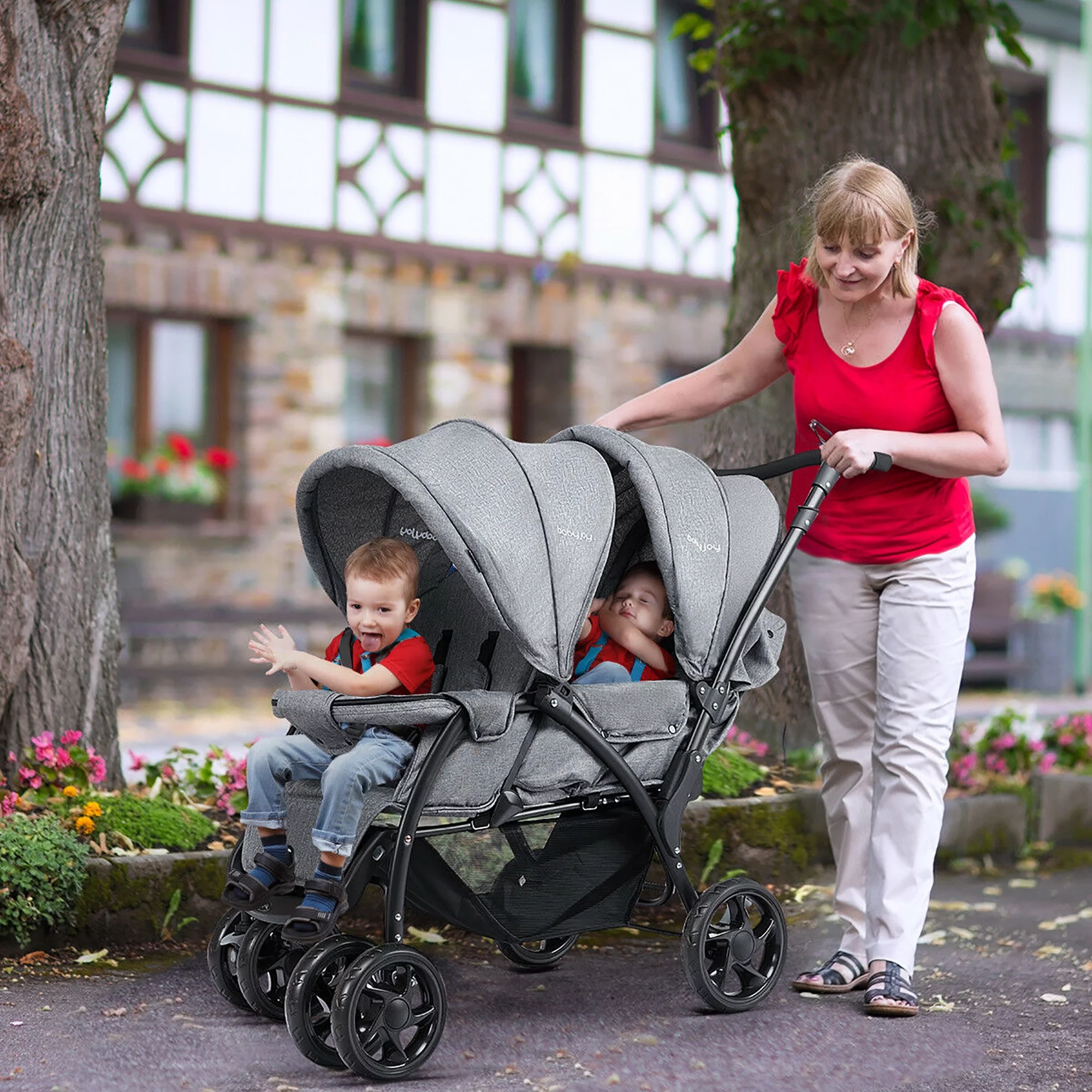 Babyjoy Double Stroller Foldable Baby Twin Lightweight Travel Stroller Infant Pushchair Black - Womvr