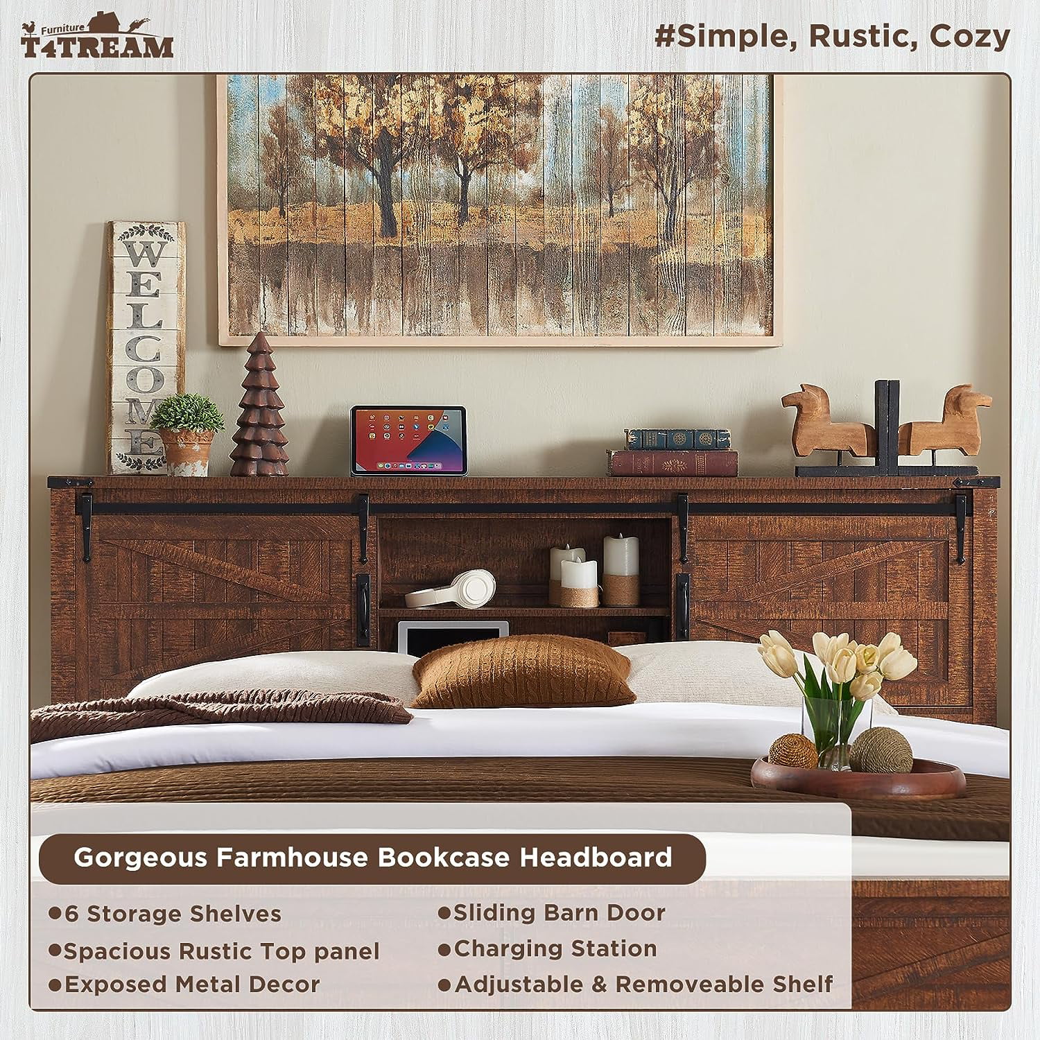 OKD Farmhouse Full Bed Frame, Wood Platform Bed with Bookcase Storage Headboard and Charging Station, No Box Spring Needed, Light Rustic Oak - Womvr