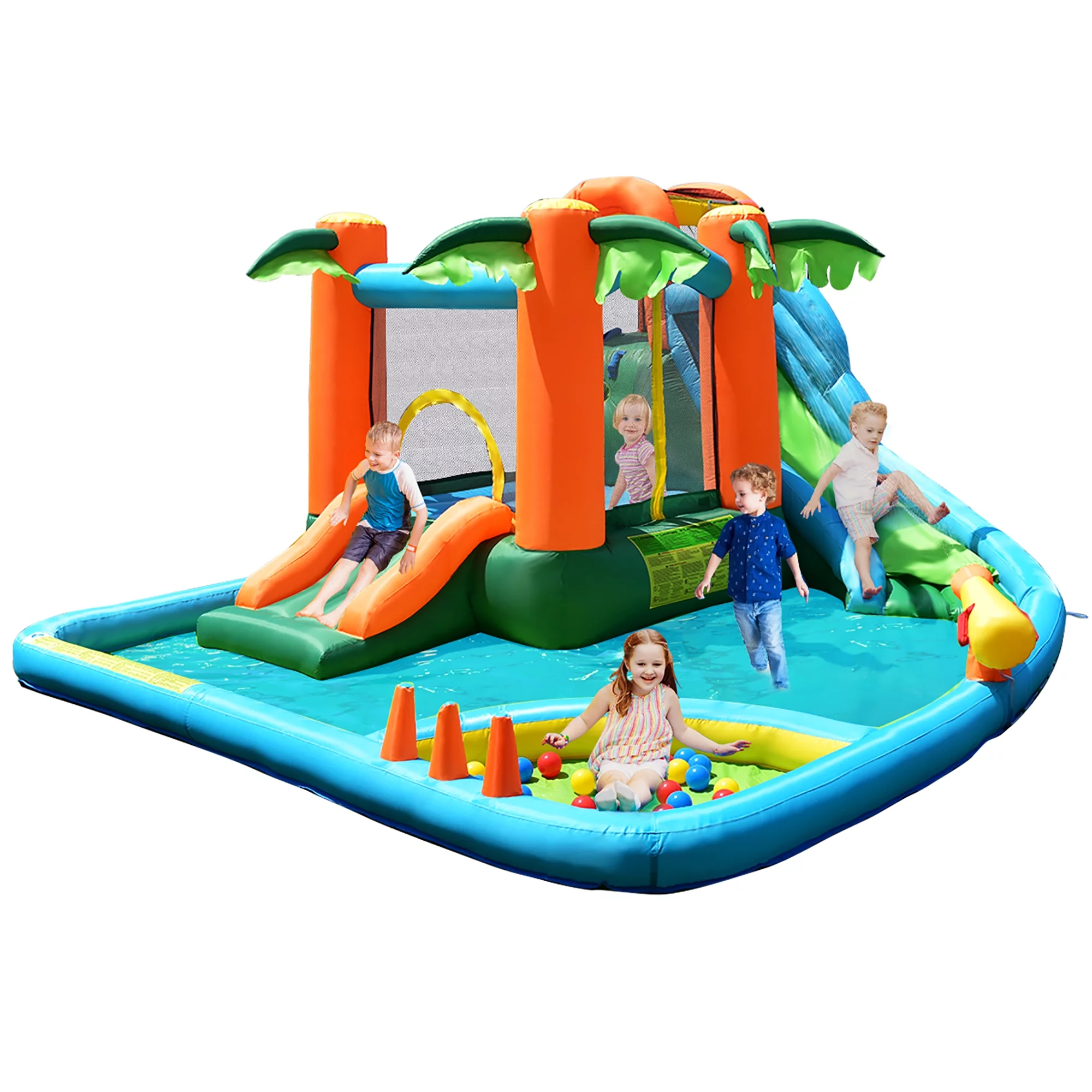 Costway Inflatable Bounce House Kids Water Splash Pool Dual Slide Jumping Castle w/ Bag - Womvr