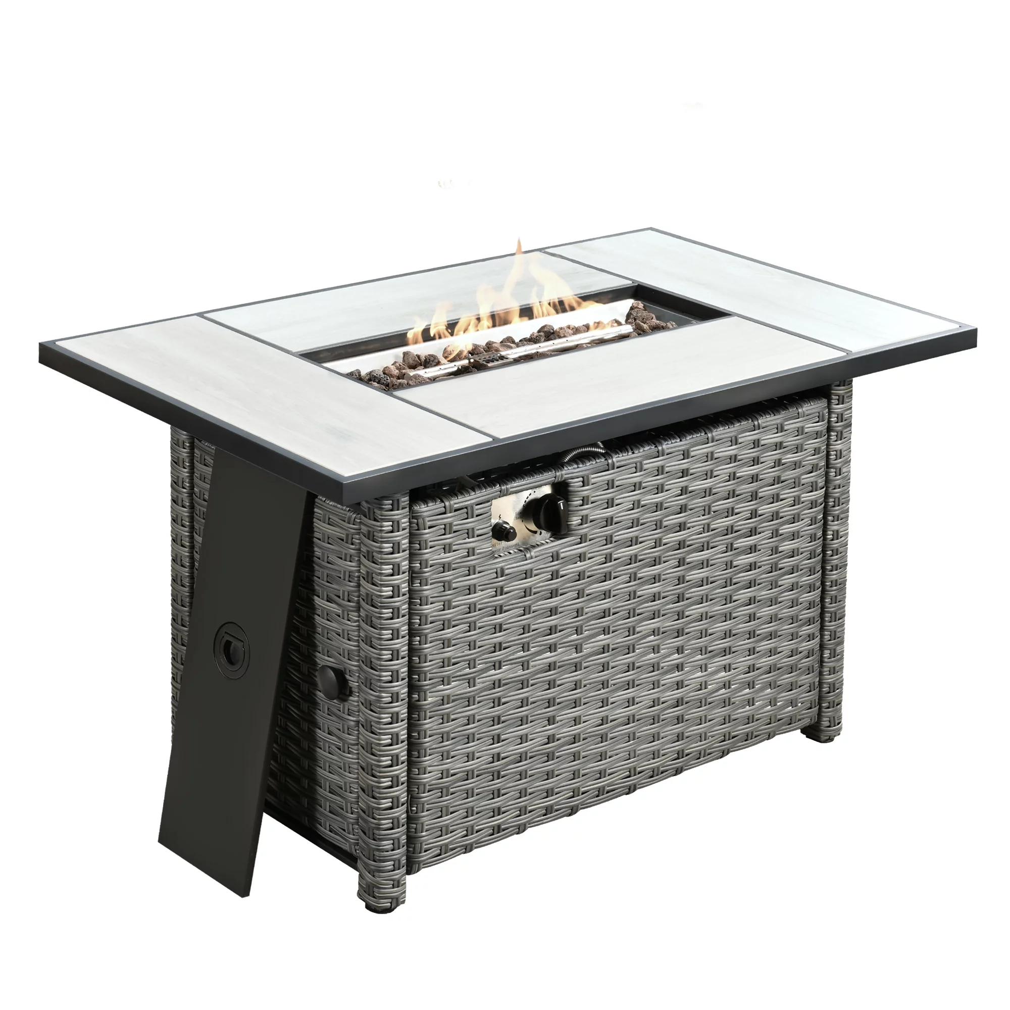 Ovios Outdoor Wicker Propane Fire Pit Table 42-Inch 50,000 BTU Flame Gas Fire Pits for Patio with Waterproof Cover & Lid Rectangle - Womvr