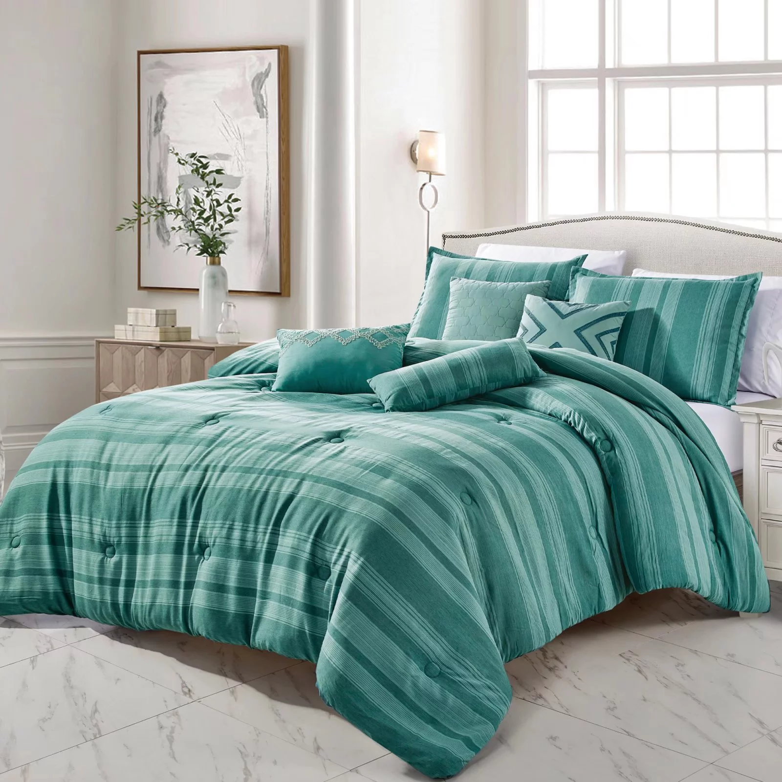 HGMart Bedding Comforter Set Bed In A Bag - 7 Piece Luxury POLLY yarn dyed Bedding Sets - Oversized Bedroom Comforters.Green. King - Womvr