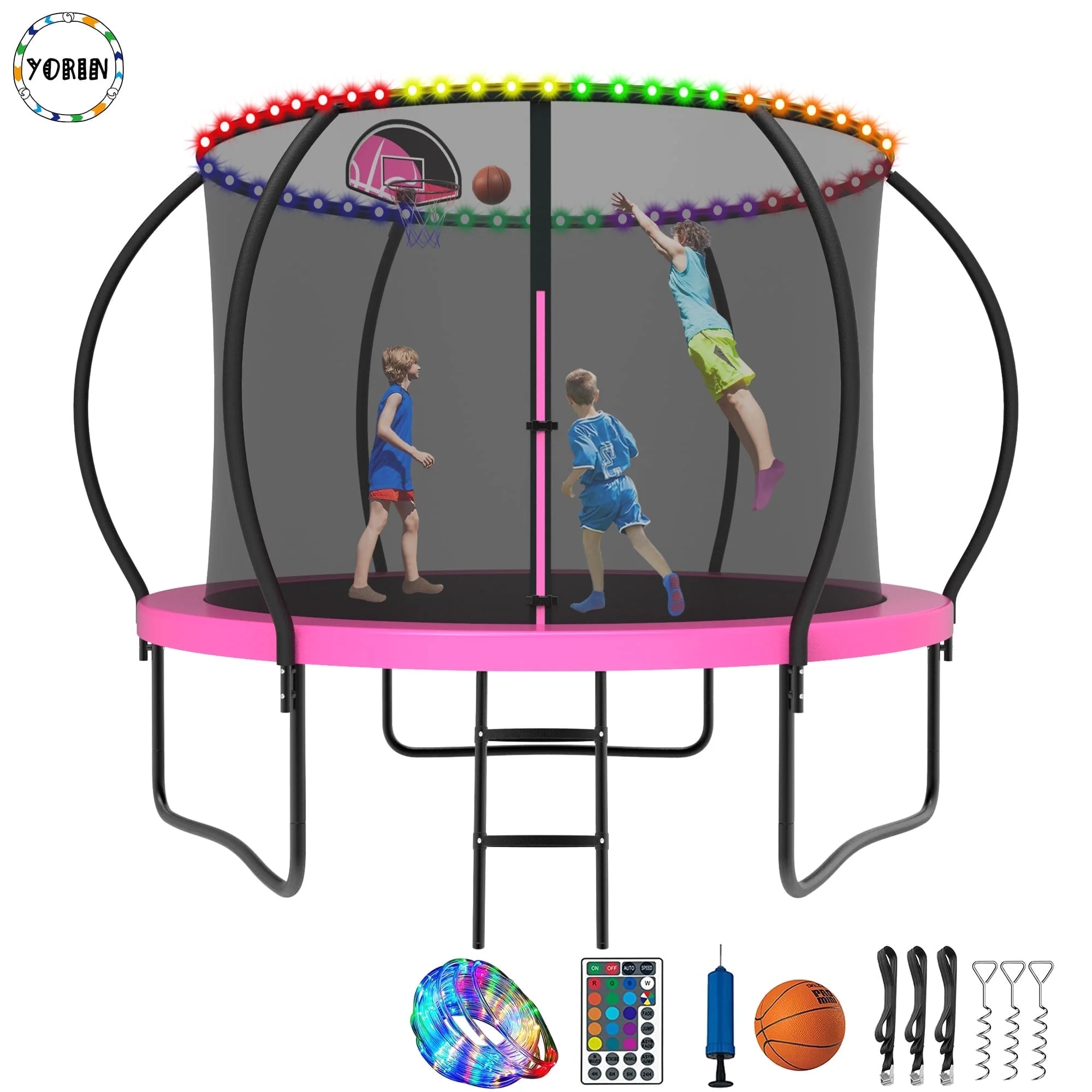 YORIN Trampoline for 2-3 Kids, 8FT 10FT Trampoline for Adults with Enclosure Net, Basketball Hoop, Ladder, 800LBS Outdoor Recreational Trampoline with Light, Sprinkler, Socks, Heavy Duty Trampoline - Womvr