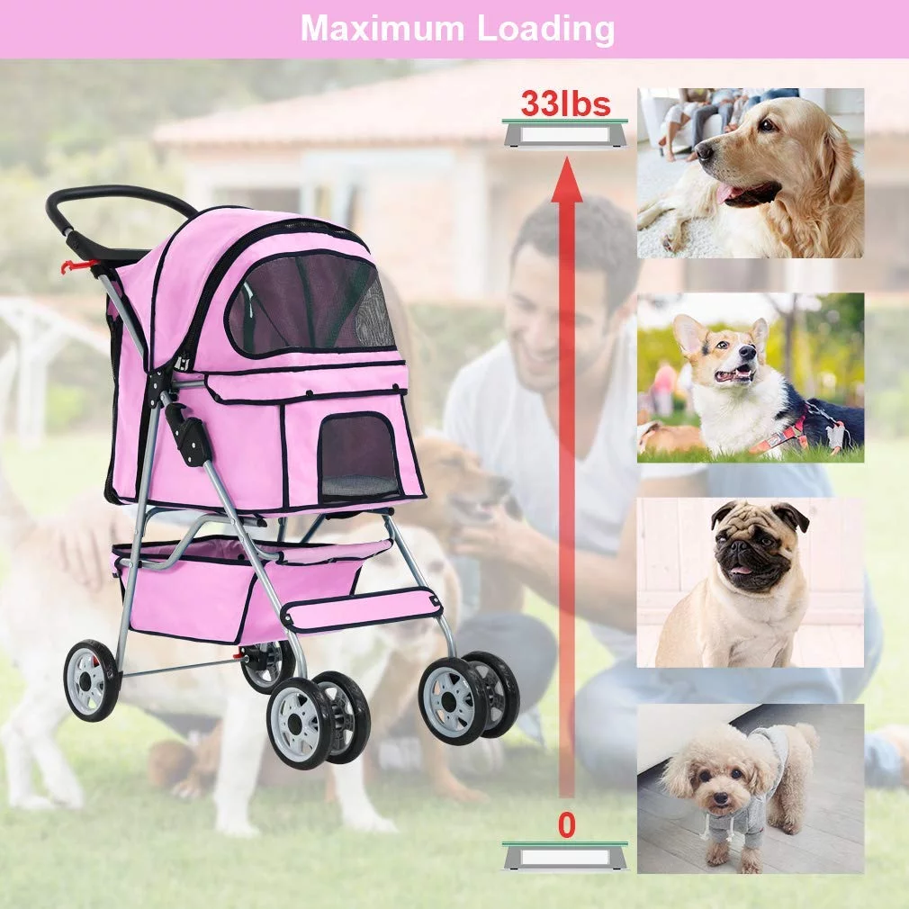 4 Wheels Pet Stroller Foldable Dog Stroller Cat Stroller with Storage Basket & Removable Liner, Travel Lite Foldable Carrier Strolling Cart for Dogs Cats, Black - Womvr