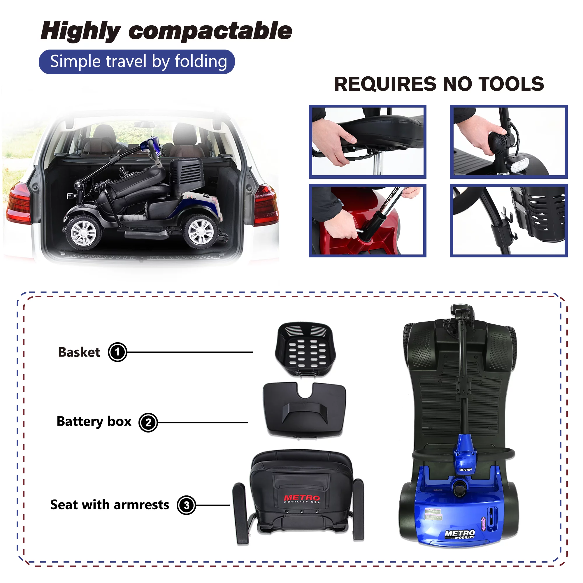 Electric Mobility Scooter for Adults and Seniors - 300 lbs Max Weight, 4-Wheel Powered Mobility Scooters Wheelchair Device for Travel, Elderly (with Head Light-White) - Womvr