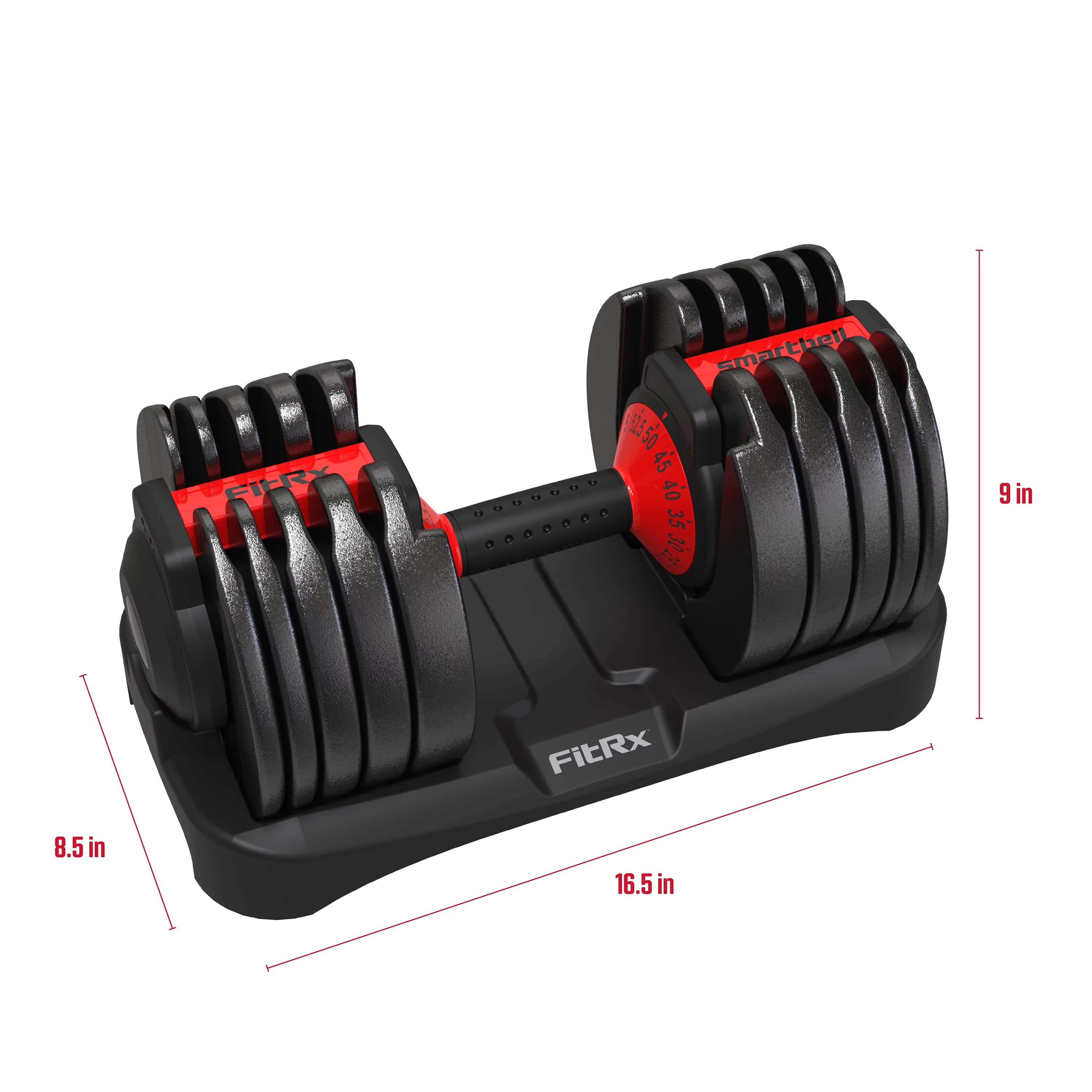 FitRx SmartBell, Quick-Select Adjustable Dumbbell, 5-52.5 lbs. Weight, Black, Single - Womvr