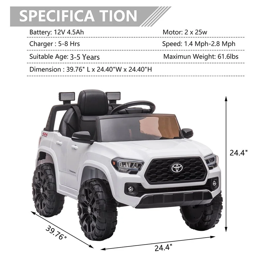 Licensed Toyota Tacoma Electric Ride on Vehicle for Kids, 12V Powered Ride on Car Toys with Remote Control, LED Lights, MP3 Player, Gray - Womvr