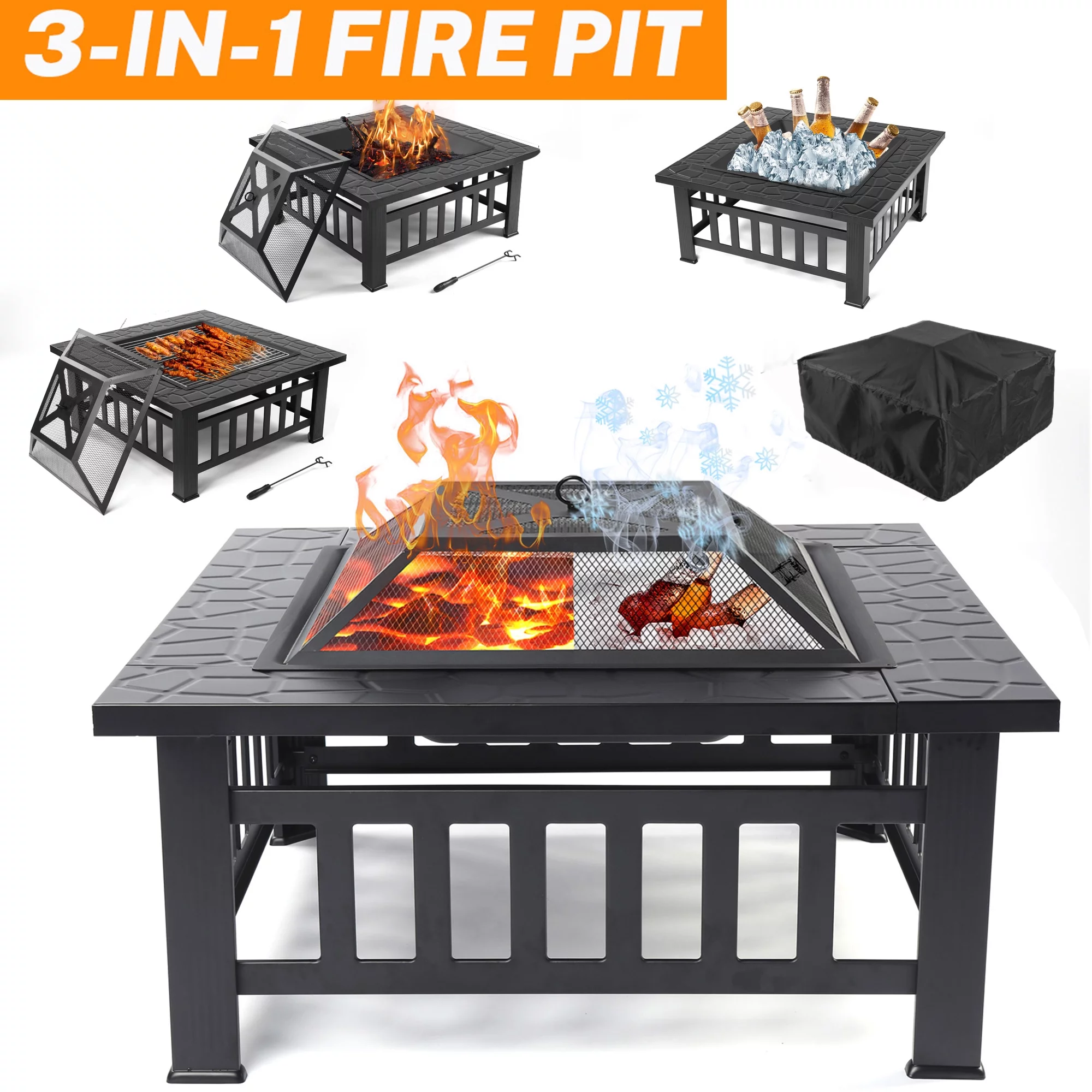 Multifunctional Fire Pit Table, Metal Fire Pit for Outside Stone Pattern, Wood Burning Outdoor Fireplace with Screen Lid/Poker for Backyard Patio Garden, 32
