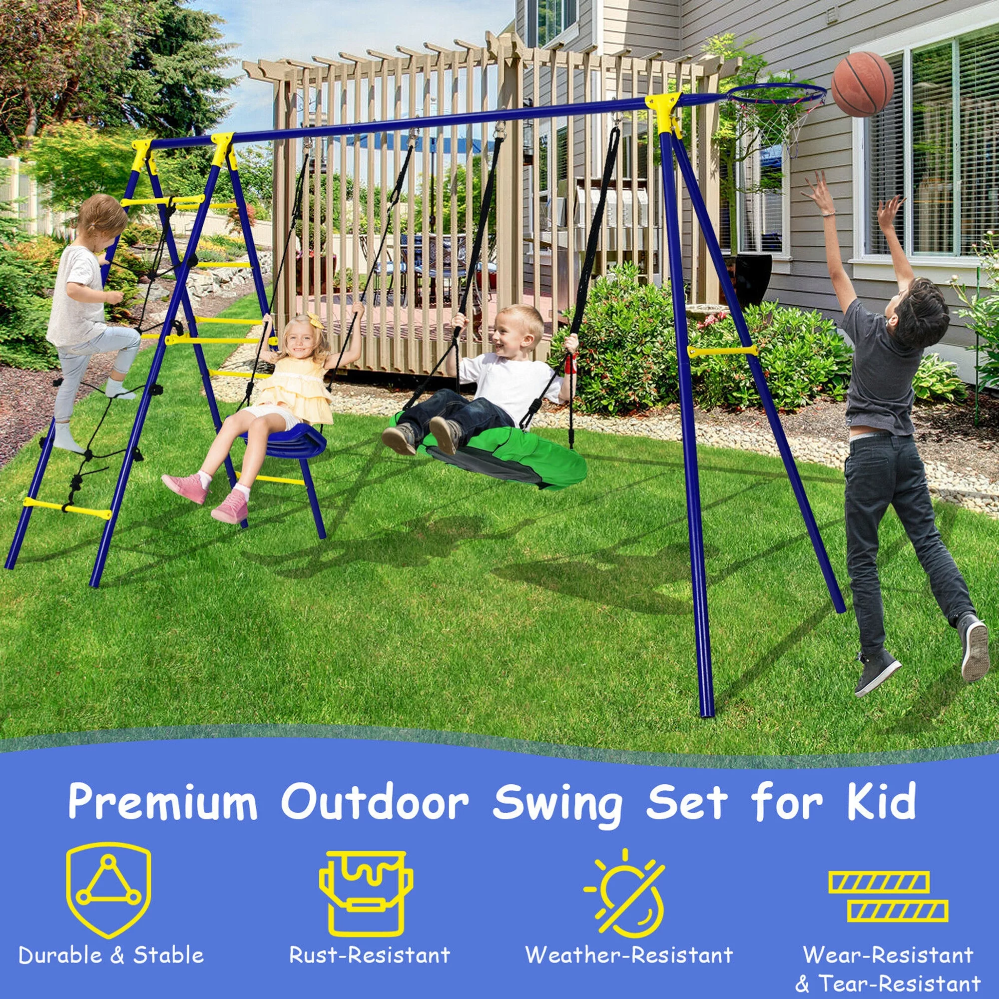 Gymax 5-In-1 Kids Swing Set for Outdoor W/ Heavy Duty Frame Basketball Hoop & Climbing Ladder - Womvr