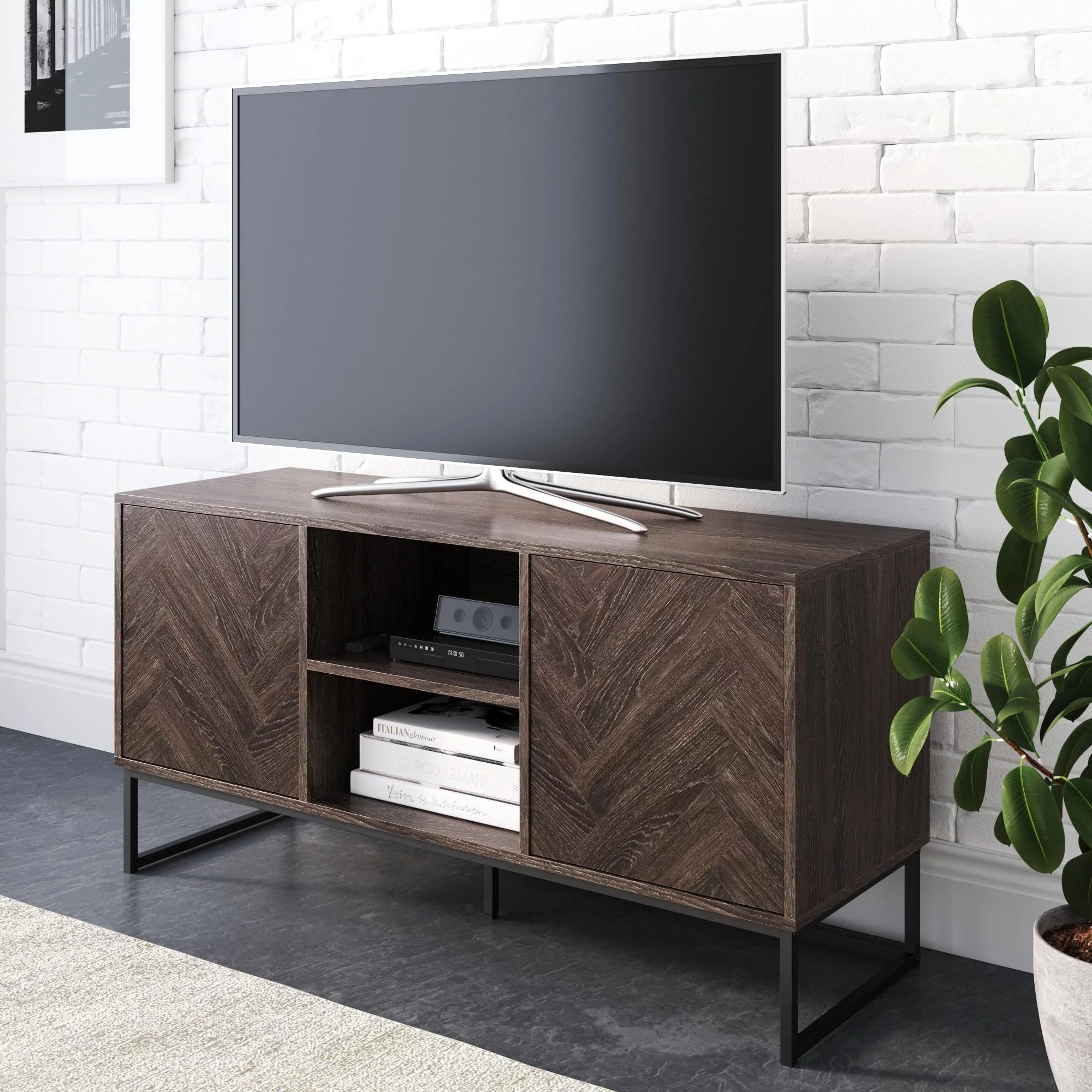 Nathan James Dylan Media Console Cabinet TV Stand with Hidden Storage Herringbone Pattern Wood Metal, Gray/Black - Womvr