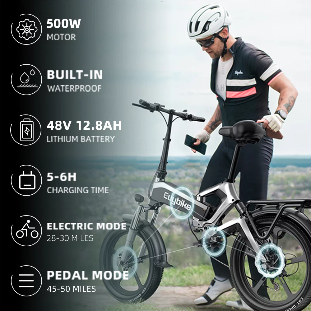 EUY Folding Electric Bike For Adults,500W 48V 12.8AH LG Cells Battery,20''Electric City Road Ebike,Black - Womvr