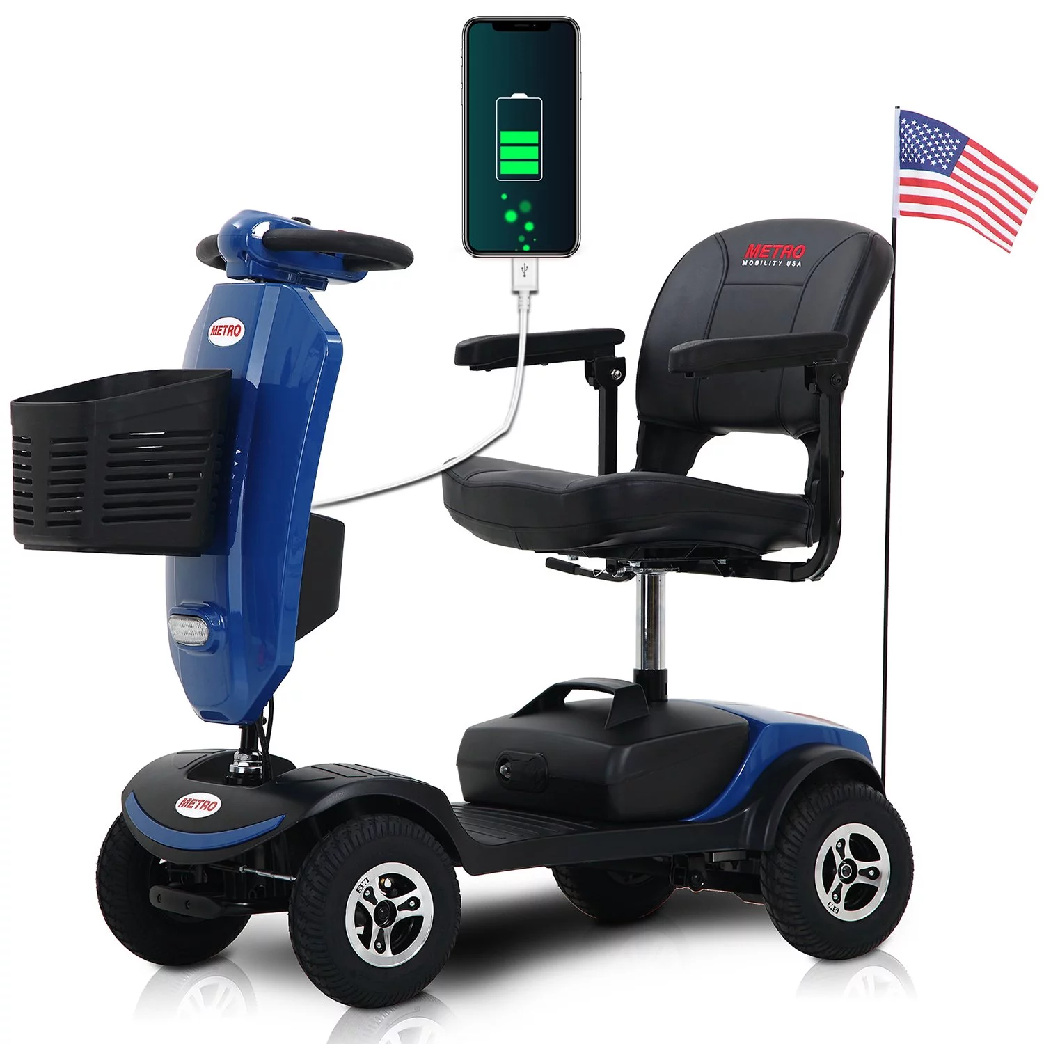 Folding 4 Wheels Mobility Scooter with USB Charging Port, Windshield, LED Head and Rear Light - Blue - Womvr