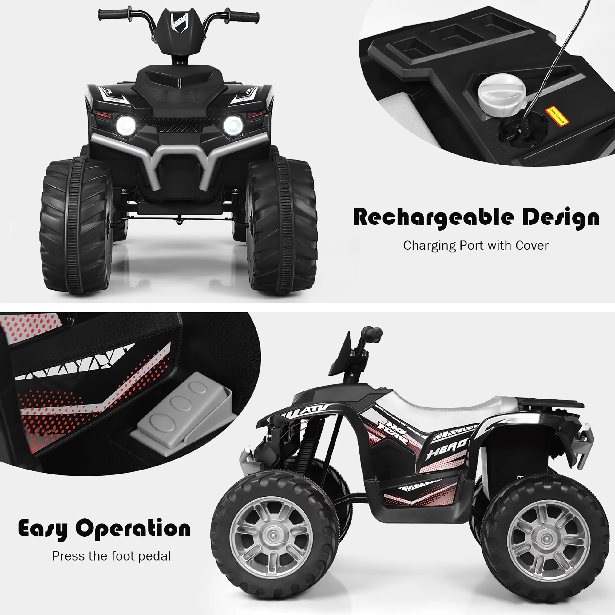 Costway 12V Kids 4-Wheeler ATV Quad Ride On Car w/ LED Lights Music  USB Navy - Womvr