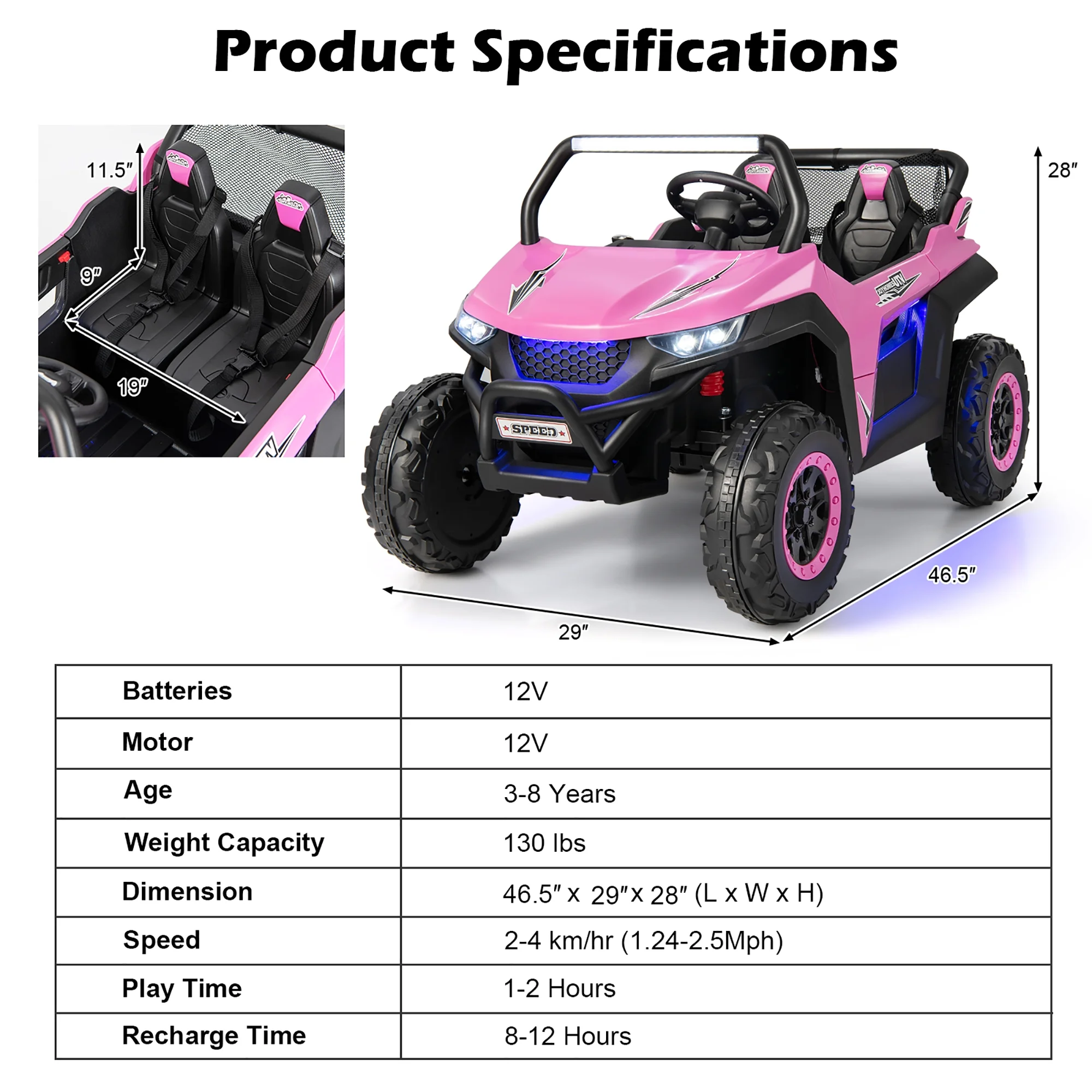 Costway 12V 2-Seater Kids Ride On UTV RC Electric Vehicle Suspension w/ Lights & Music Pink - Womvr