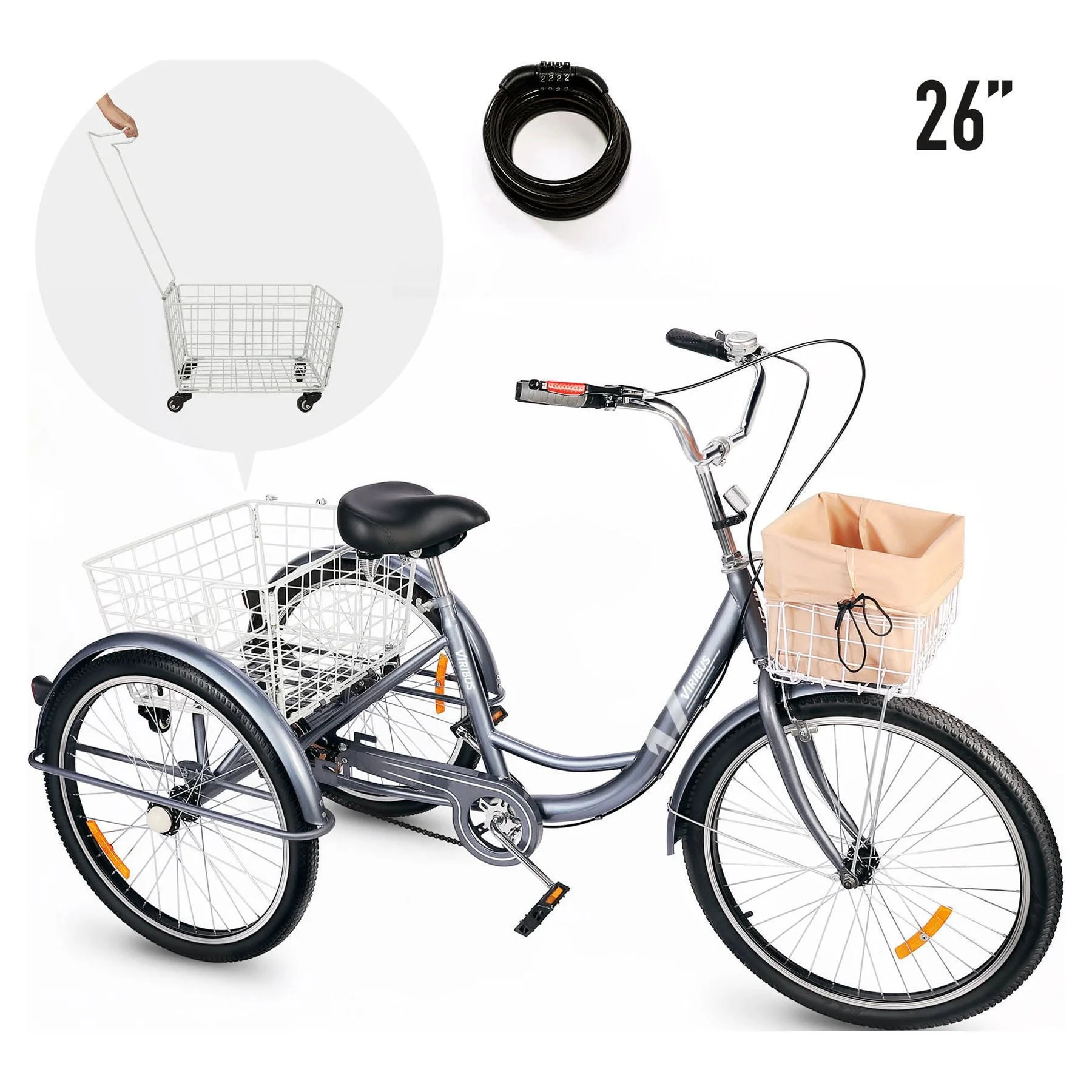 Viribus 26 Inch Single Speed Adult Tricycle 3 Wheel Bike with Removable Basket, Hybrid Beach Trike, Pink - Womvr