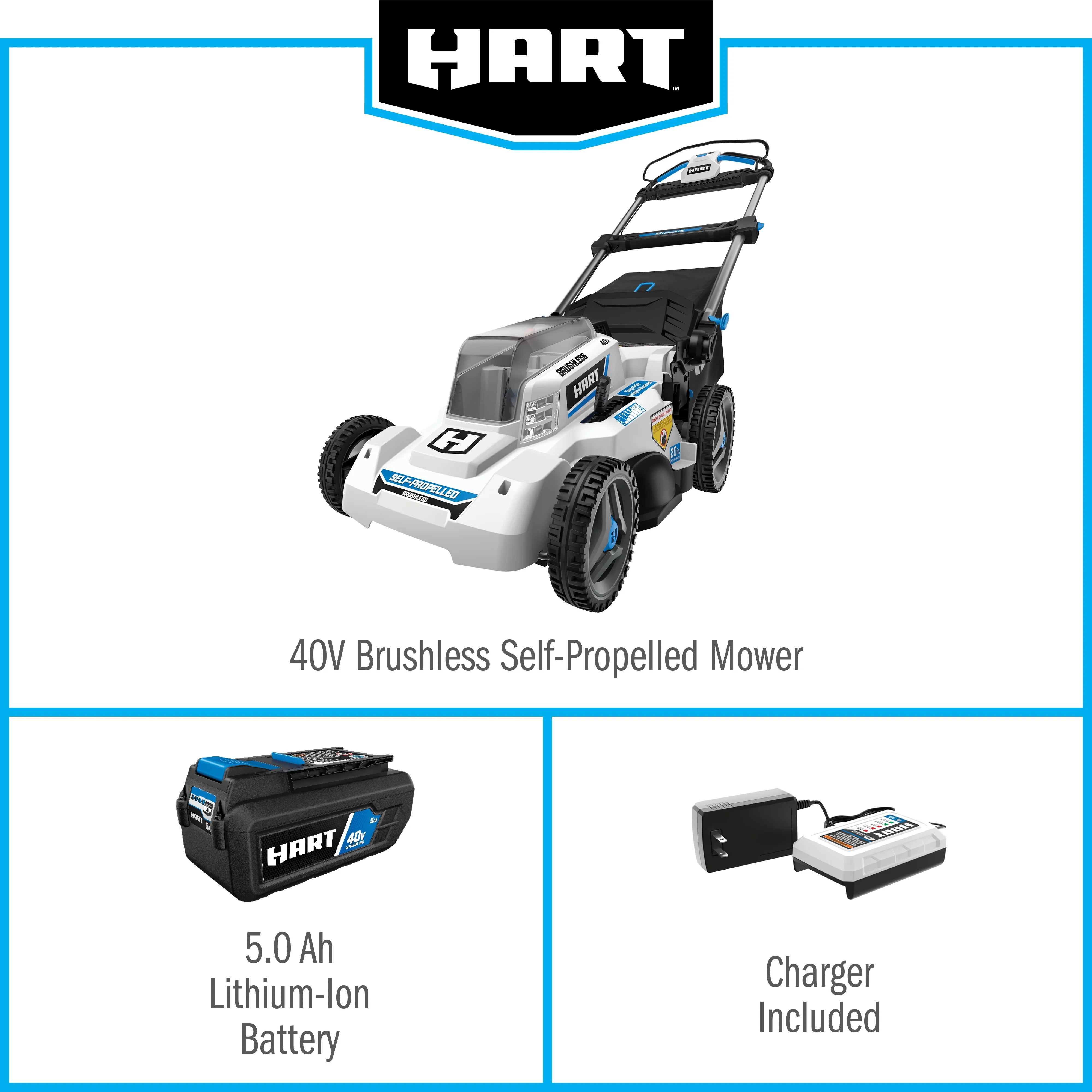 HART 40-Volt 20-inch Self-Propelled Battery-Powered Brushless Mower Kit, (1) 6.0Ah Lithium-Ion Battery - Womvr