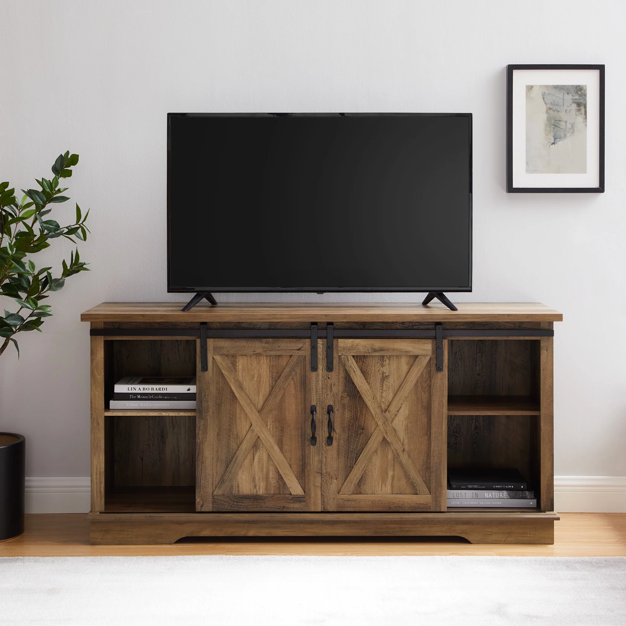 Woven Paths Farmhouse Sliding Barn Door TV Stand for TVs up to 65